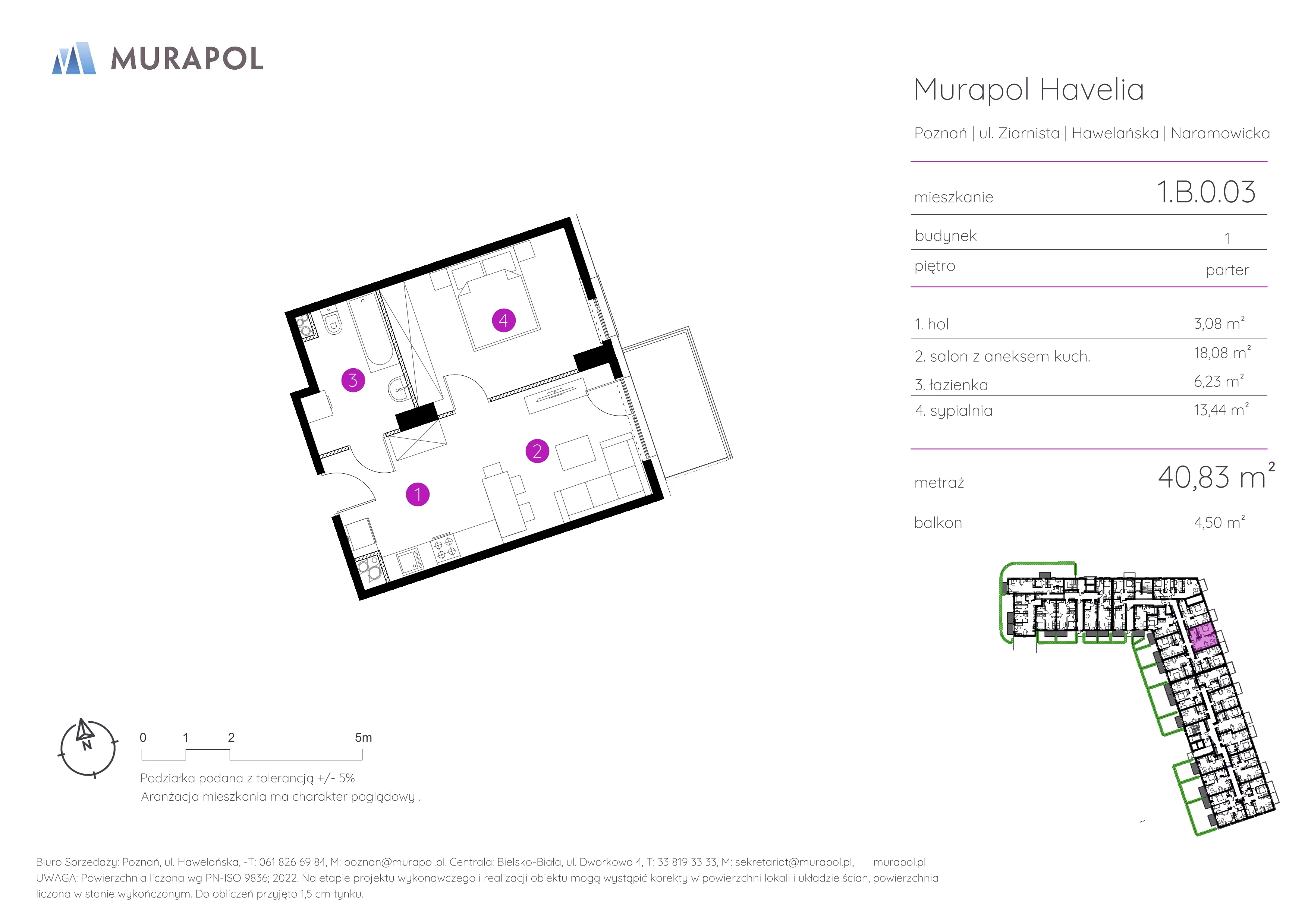 2 pokoje, mieszkanie 40,83 m², parter, oferta nr 1.B.0.03, Murapol Havelia, Poznań, Winogrady, Stare Winogrady, ul. Ziarnista / Naramowicka