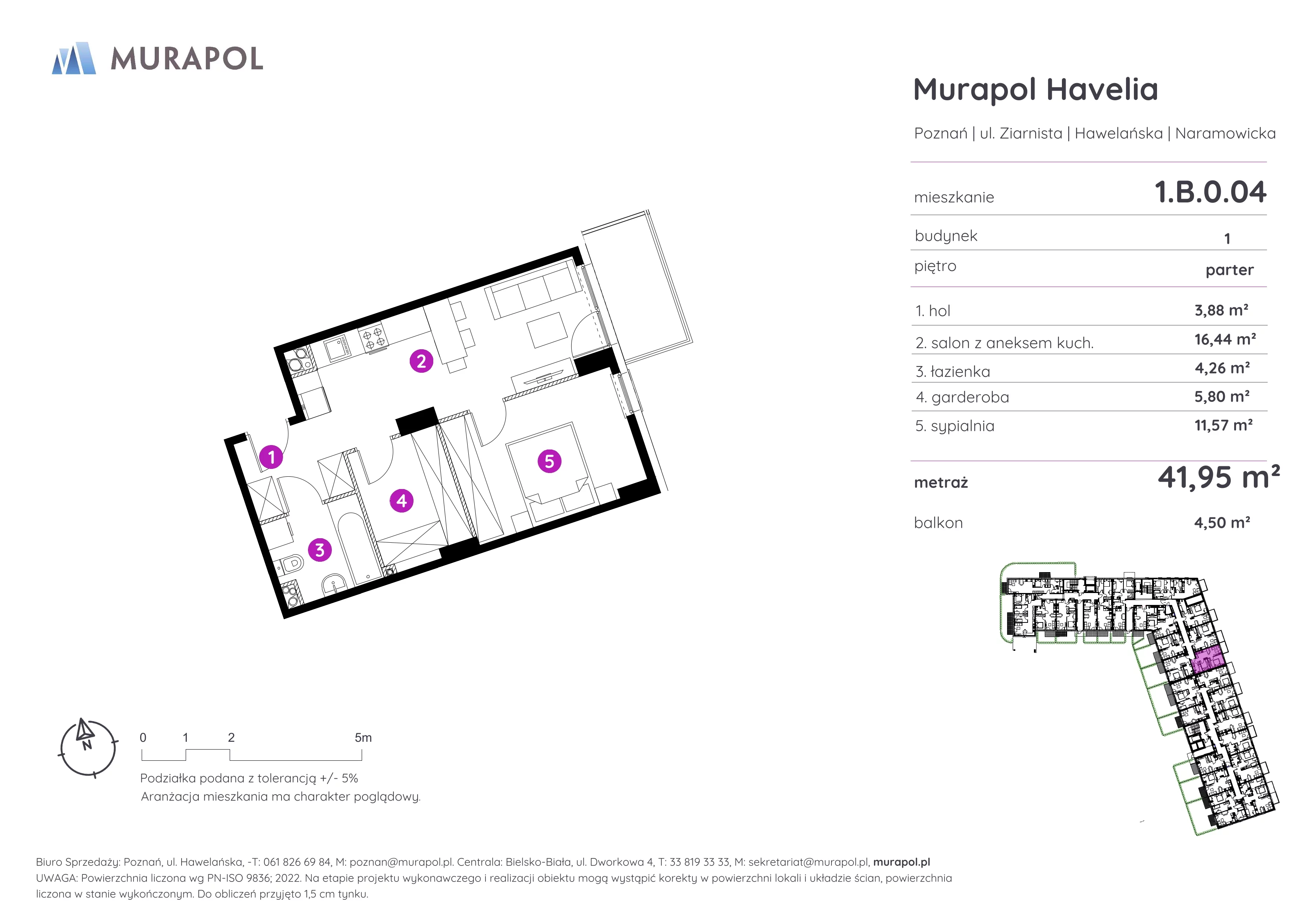 2 pokoje, mieszkanie 41,95 m², parter, oferta nr 1.B.0.04, Murapol Havelia, Poznań, Winogrady, Stare Winogrady, ul. Ziarnista / Naramowicka