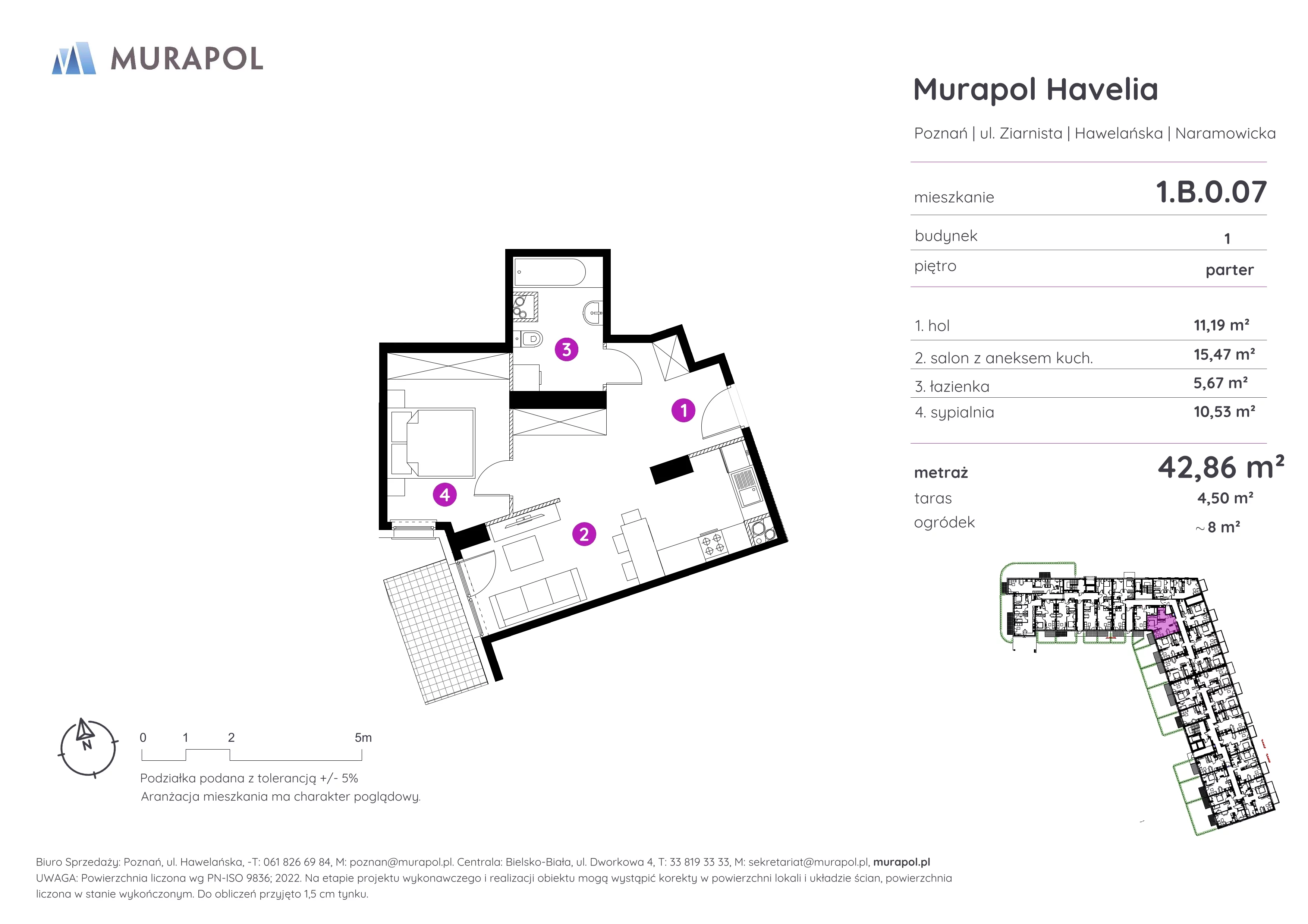 2 pokoje, mieszkanie 42,86 m², parter, oferta nr 1.B.0.07, Murapol Havelia, Poznań, Winogrady, Stare Winogrady, ul. Ziarnista / Naramowicka