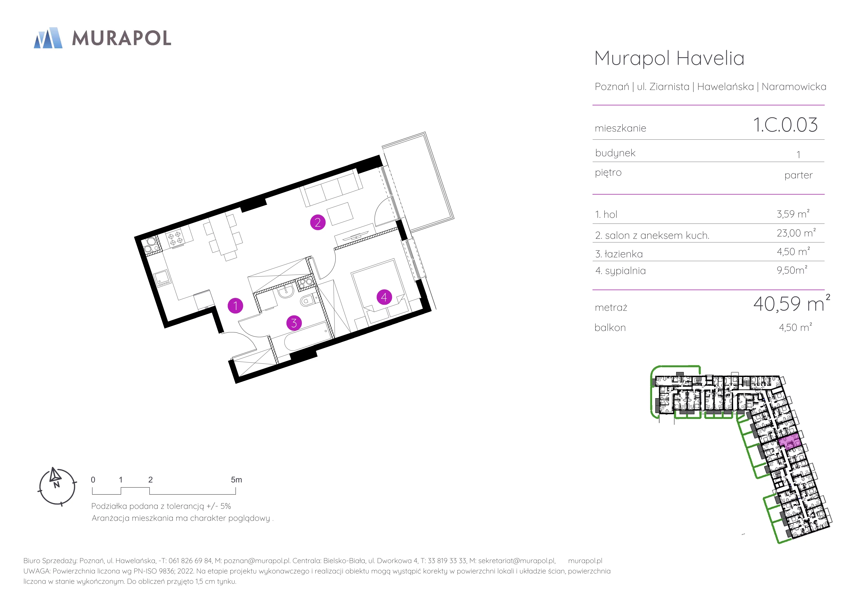2 pokoje, mieszkanie 40,59 m², parter, oferta nr 1.C.0.03, Murapol Havelia, Poznań, Winogrady, Stare Winogrady, ul. Ziarnista / Naramowicka