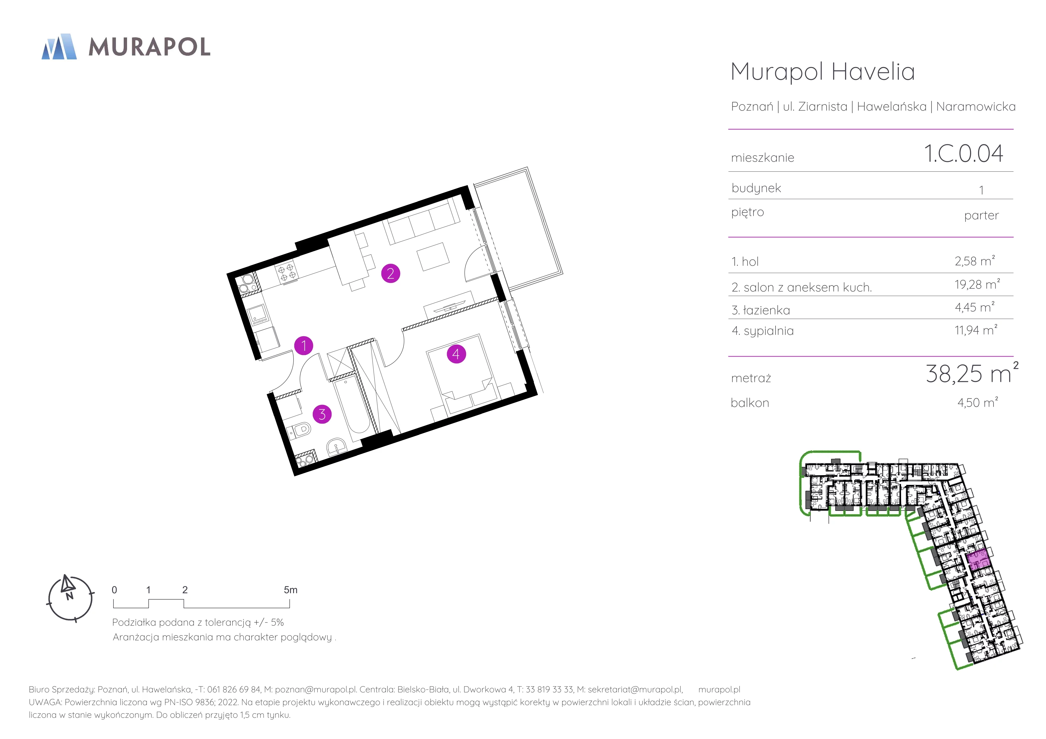 2 pokoje, mieszkanie 38,25 m², parter, oferta nr 1.C.0.04, Murapol Havelia, Poznań, Winogrady, Stare Winogrady, ul. Ziarnista / Naramowicka