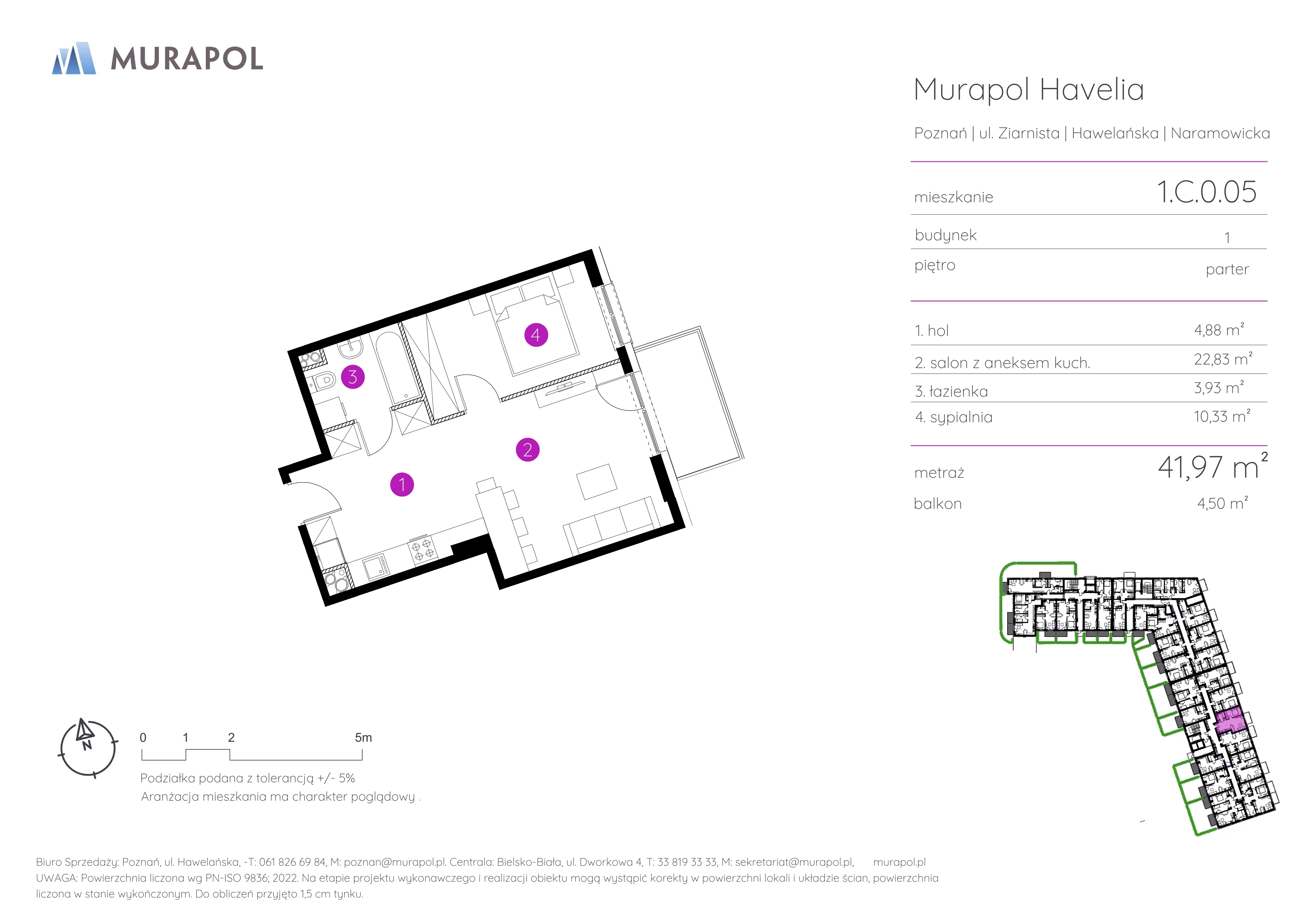 2 pokoje, mieszkanie 41,97 m², parter, oferta nr 1.C.0.05, Murapol Havelia, Poznań, Winogrady, Stare Winogrady, ul. Ziarnista / Naramowicka