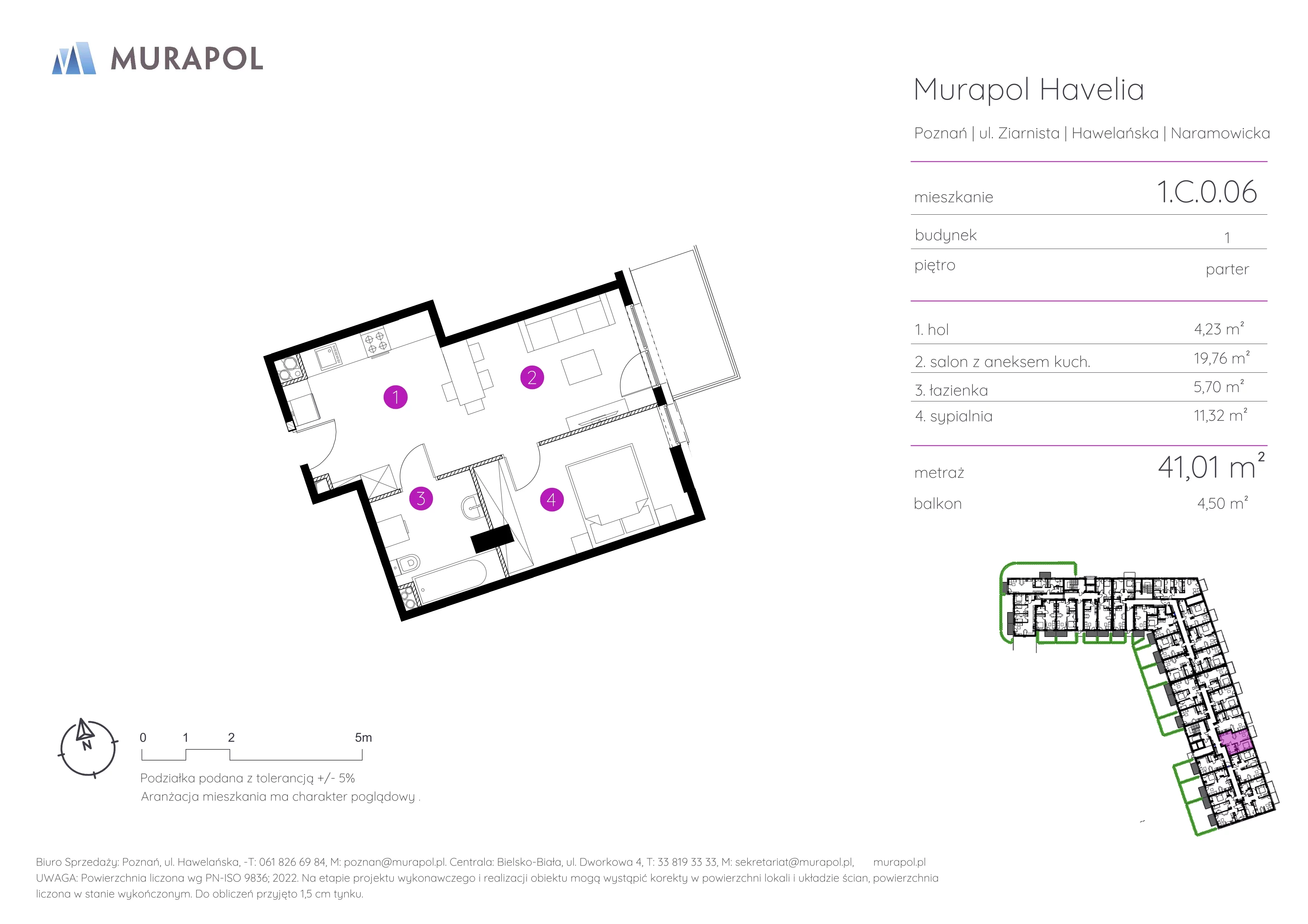 2 pokoje, mieszkanie 41,01 m², parter, oferta nr 1.C.0.06, Murapol Havelia, Poznań, Winogrady, Stare Winogrady, ul. Ziarnista / Naramowicka