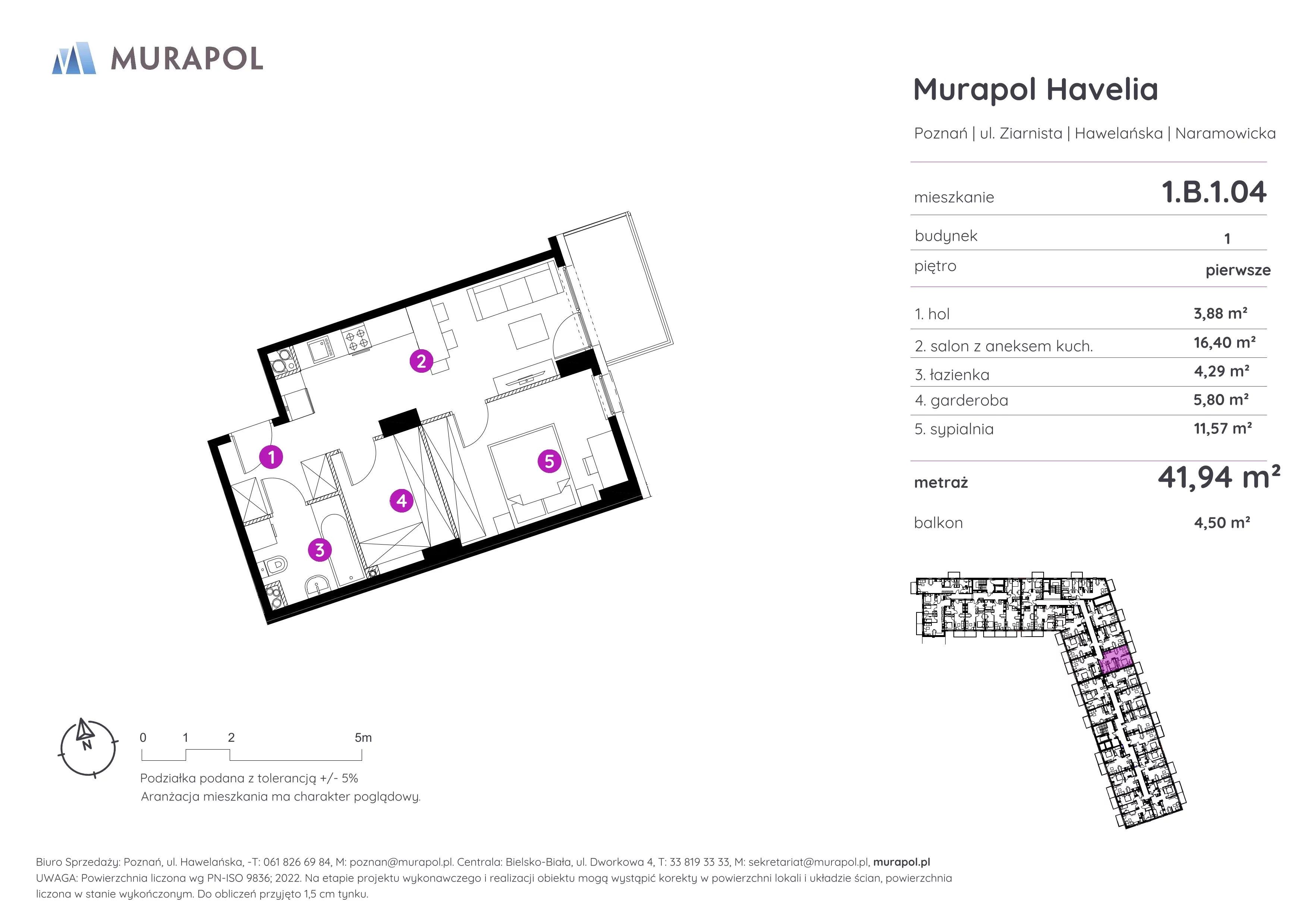 2 pokoje, mieszkanie 41,94 m², piętro 1, oferta nr 1.B.1.04, Murapol Havelia, Poznań, Winogrady, Stare Winogrady, ul. Ziarnista / Naramowicka