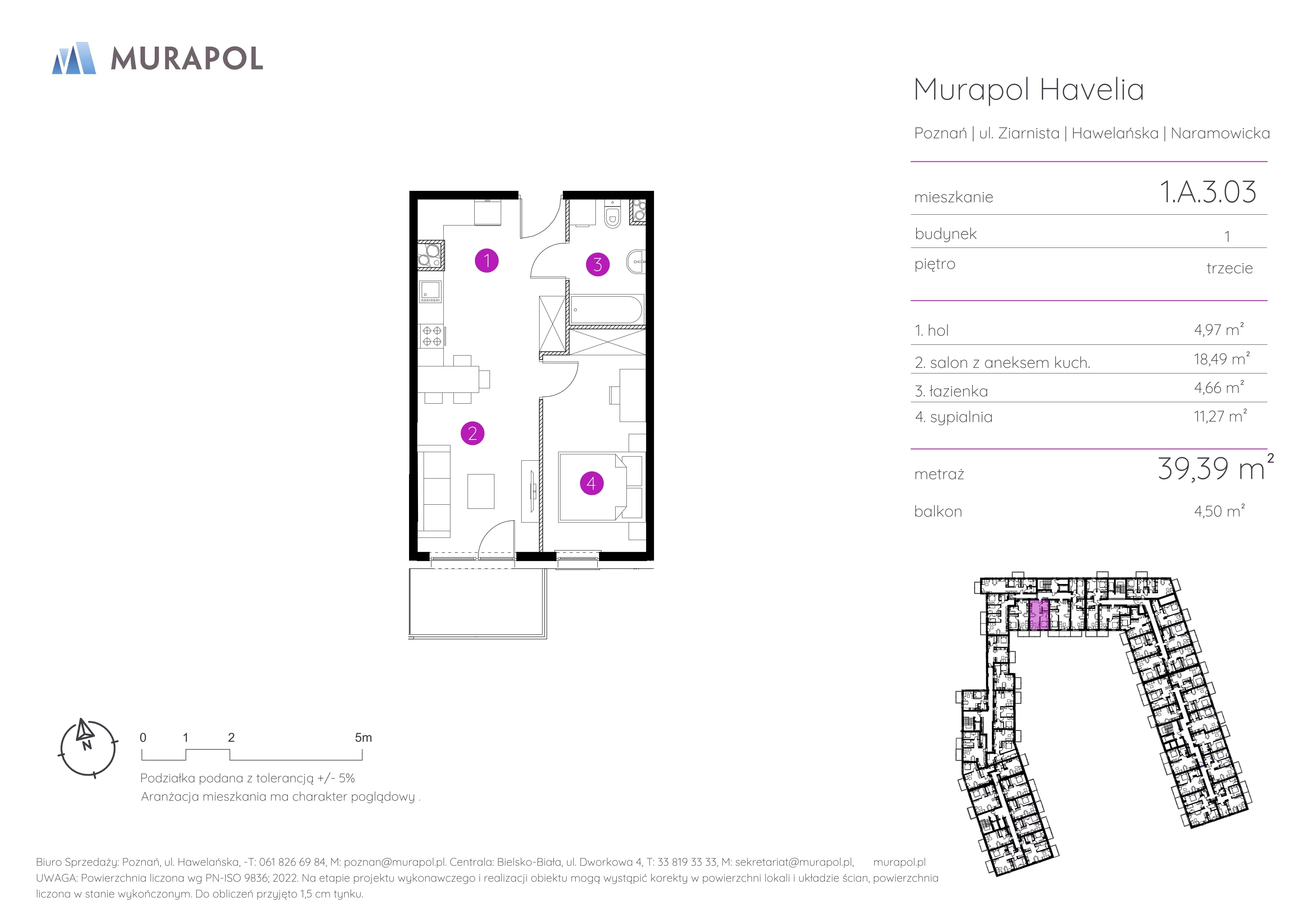 2 pokoje, mieszkanie 39,39 m², piętro 3, oferta nr 1.A.3.03, Murapol Havelia, Poznań, Winogrady, Stare Winogrady, ul. Ziarnista / Naramowicka