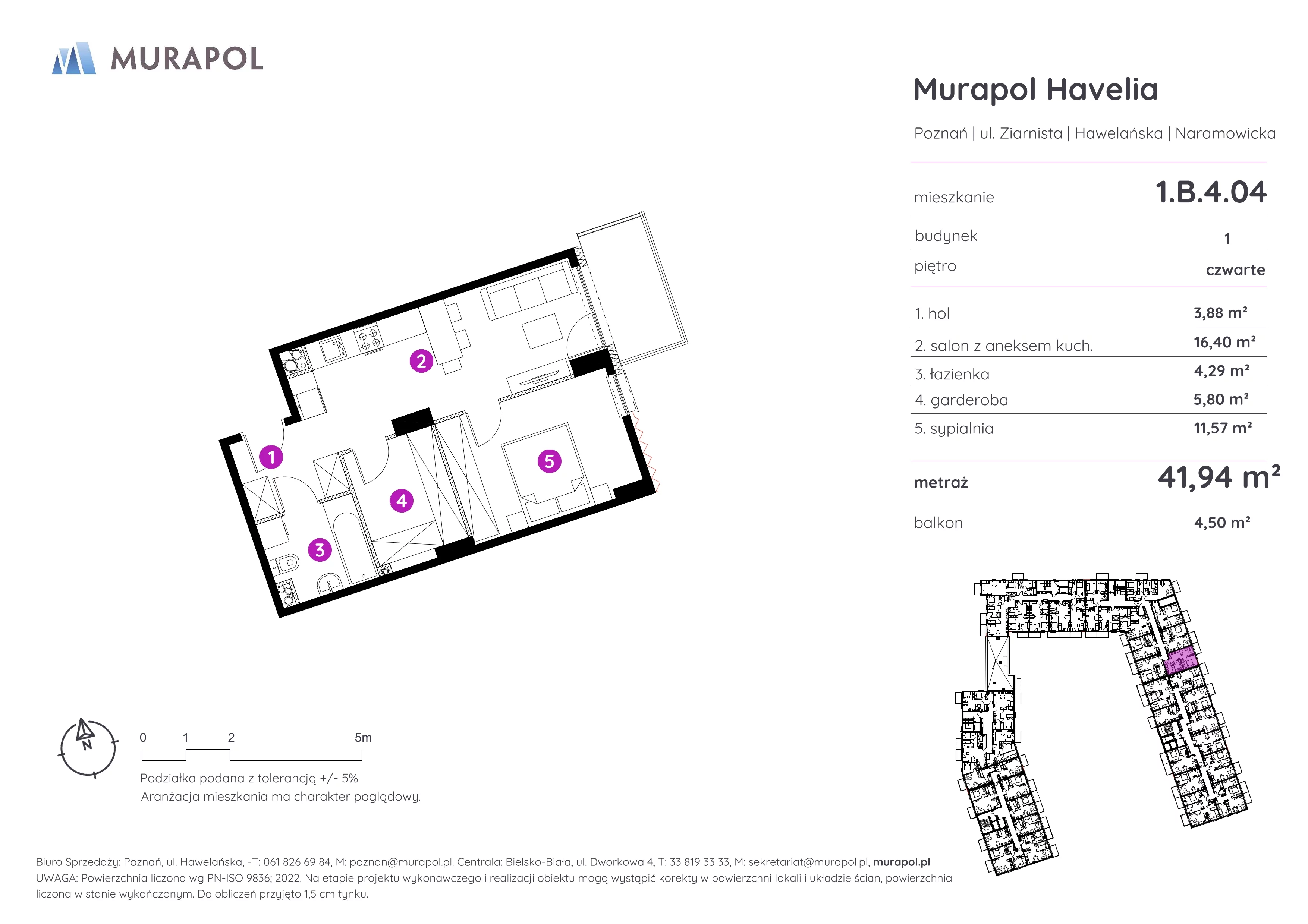 2 pokoje, mieszkanie 41,94 m², piętro 4, oferta nr 1.B.4.04, Murapol Havelia, Poznań, Winogrady, Stare Winogrady, ul. Ziarnista / Naramowicka
