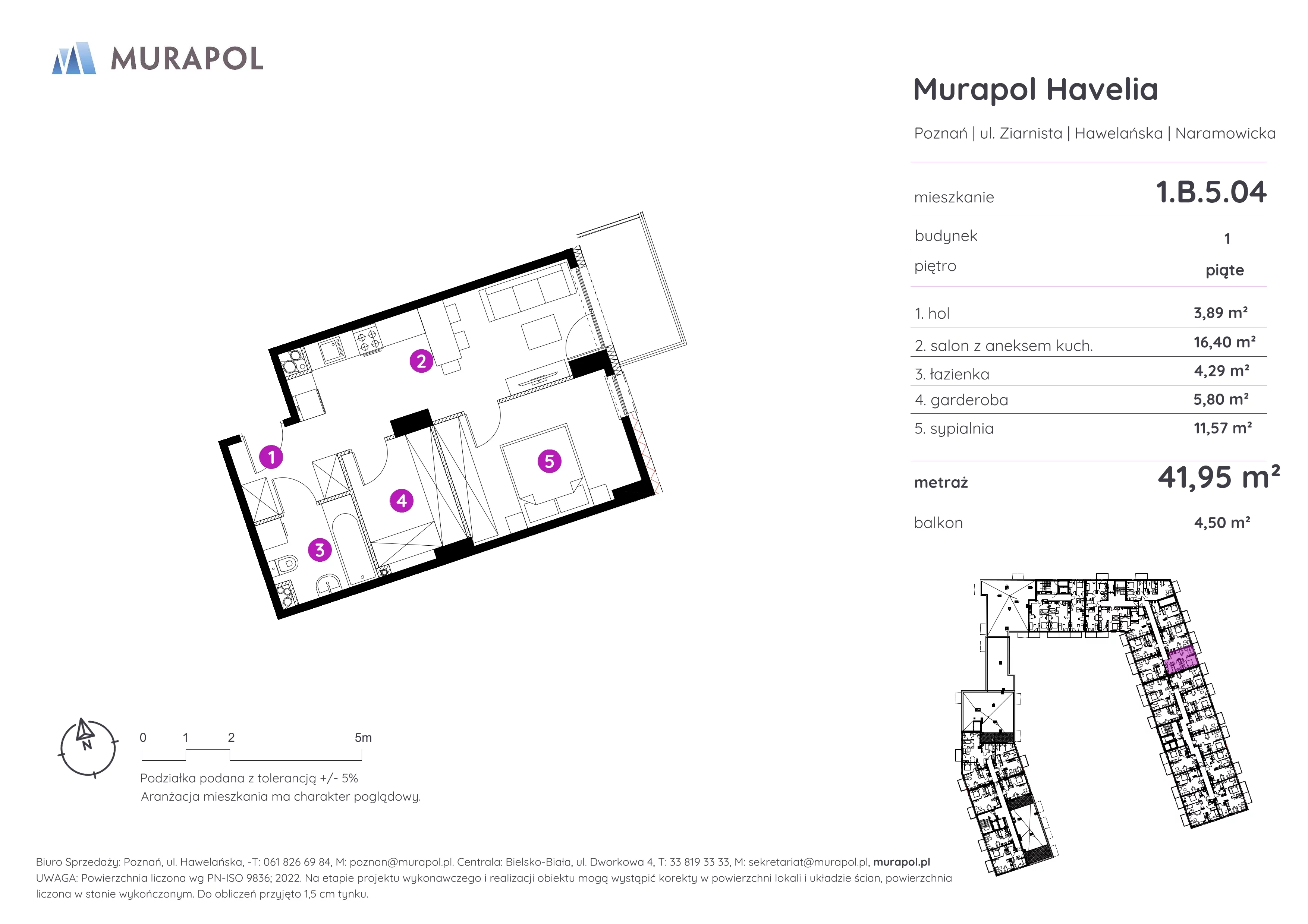 2 pokoje, mieszkanie 41,95 m², piętro 5, oferta nr 1.B.5.04, Murapol Havelia, Poznań, Winogrady, Stare Winogrady, ul. Ziarnista / Naramowicka