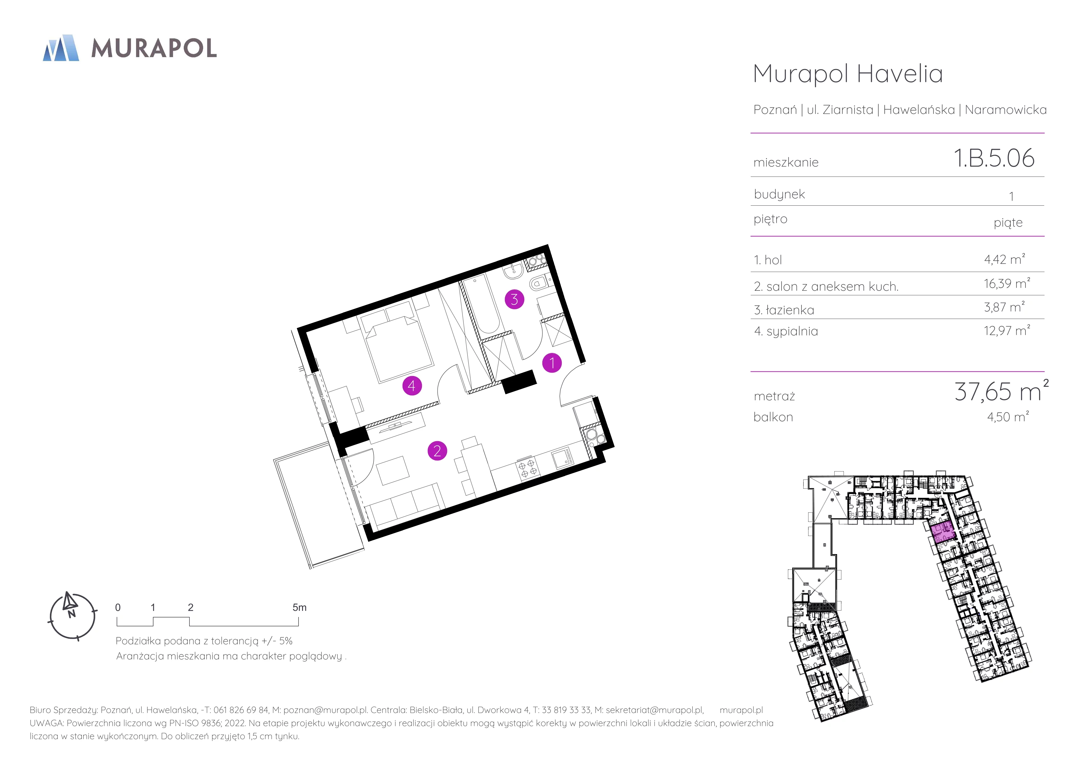 2 pokoje, mieszkanie 37,65 m², piętro 5, oferta nr 1.B.5.06, Murapol Havelia, Poznań, Winogrady, Stare Winogrady, ul. Ziarnista / Naramowicka