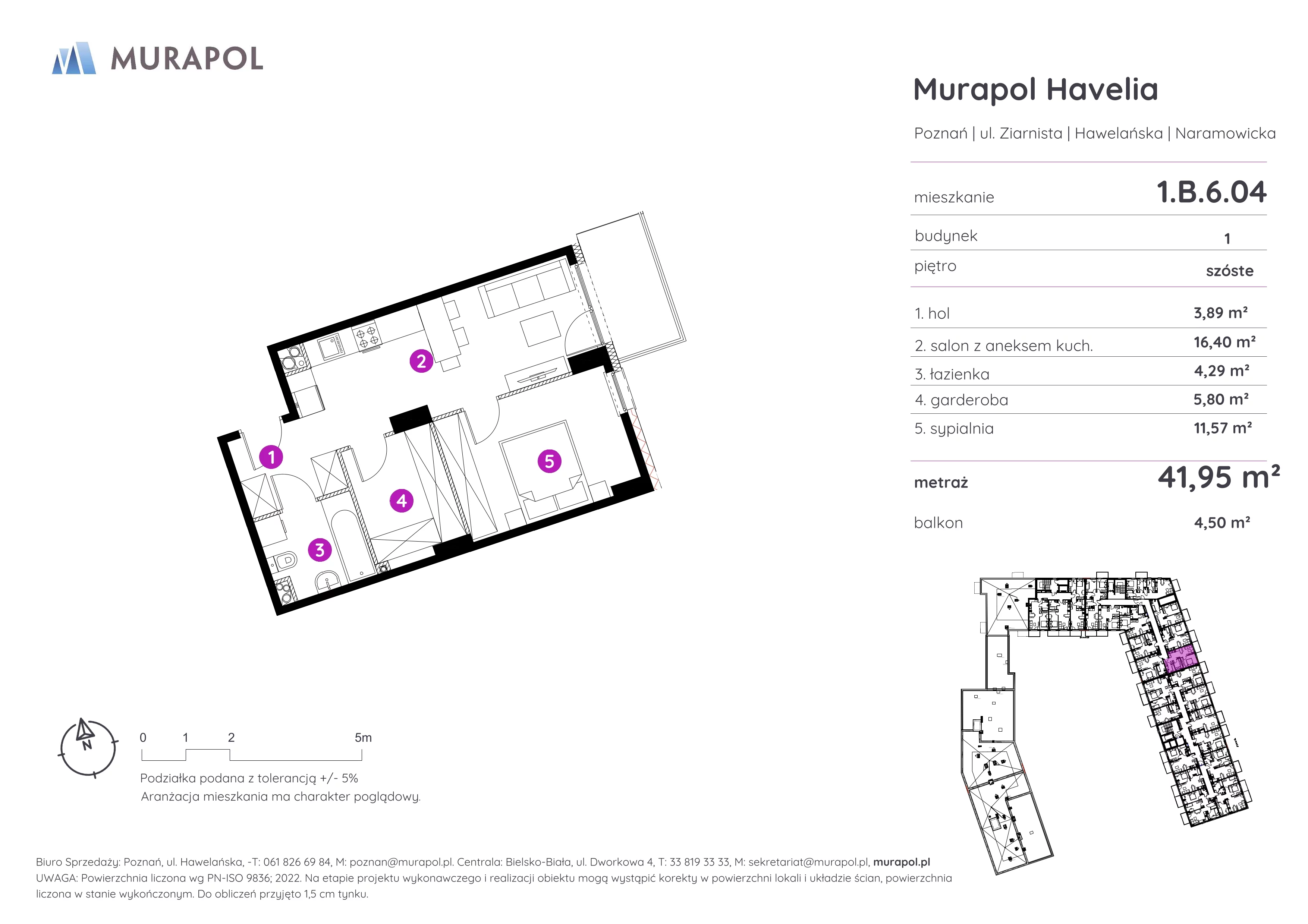 2 pokoje, mieszkanie 41,95 m², piętro 6, oferta nr 1.B.6.04, Murapol Havelia, Poznań, Winogrady, Stare Winogrady, ul. Ziarnista / Naramowicka