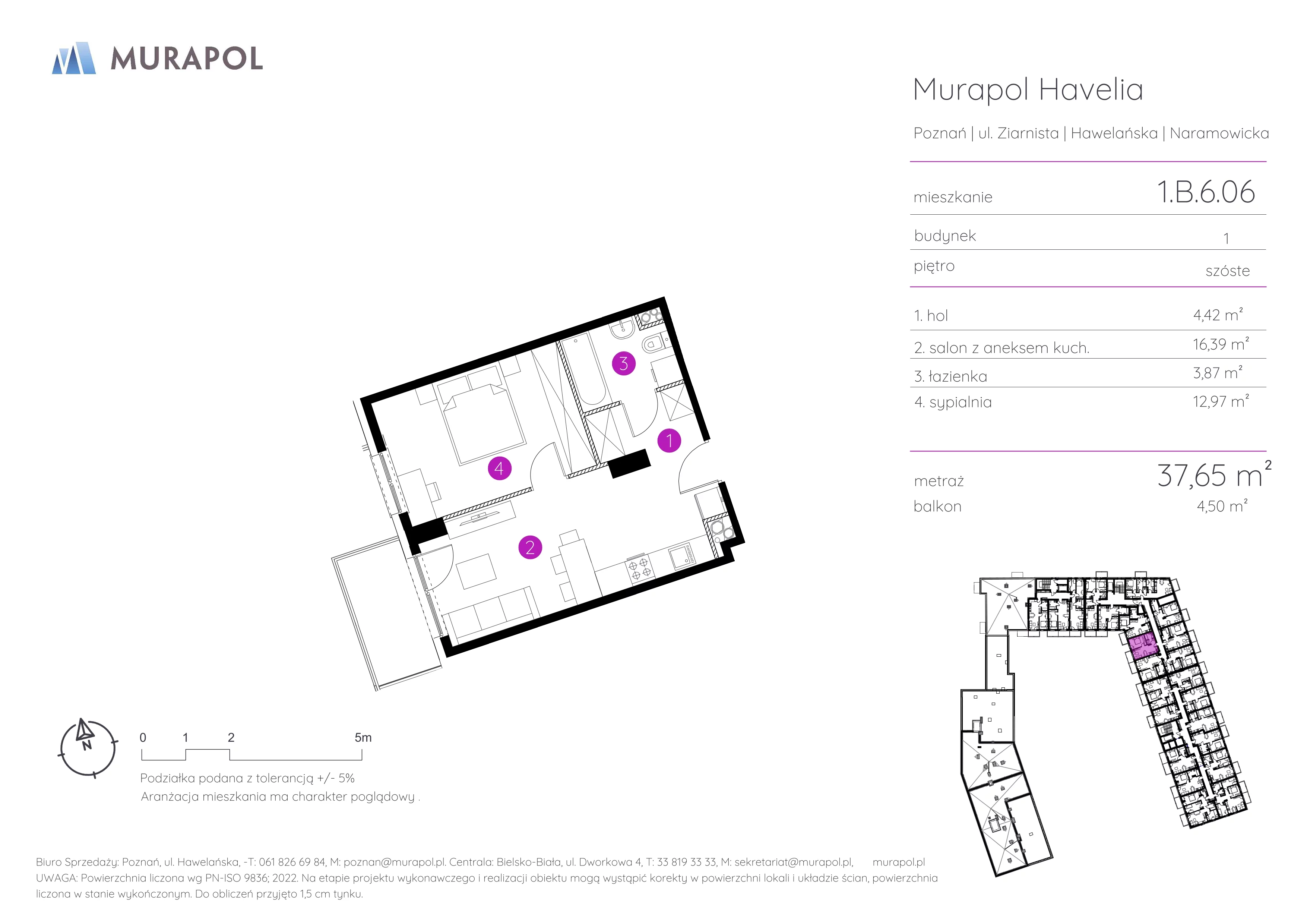 2 pokoje, mieszkanie 37,65 m², piętro 6, oferta nr 1.B.6.06, Murapol Havelia, Poznań, Winogrady, Stare Winogrady, ul. Ziarnista / Naramowicka