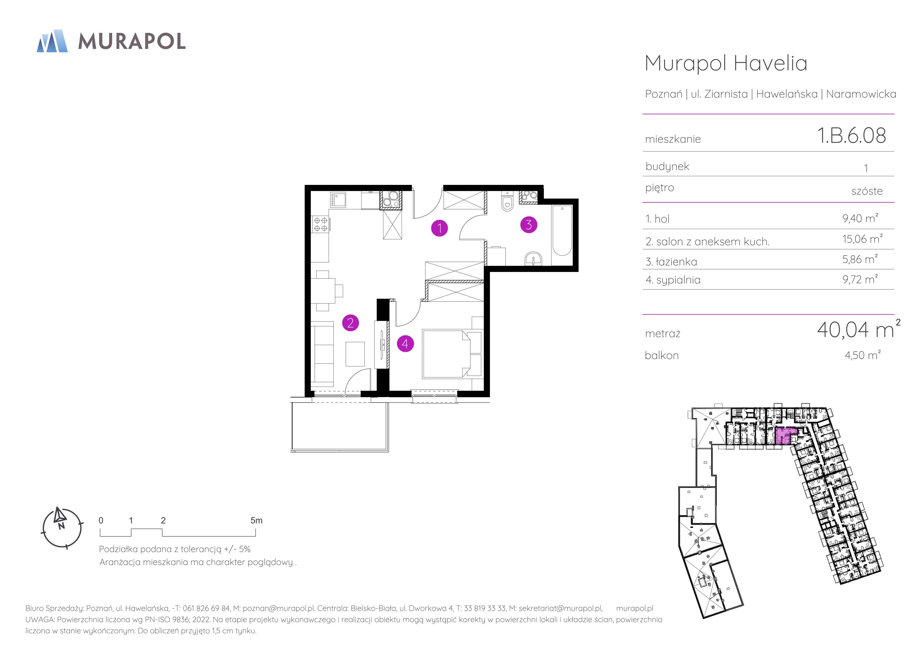 2 pokoje, mieszkanie 40,04 m², piętro 6, oferta nr 1.B.6.08, Murapol Havelia, Poznań, Winogrady, Stare Winogrady, ul. Ziarnista / Naramowicka