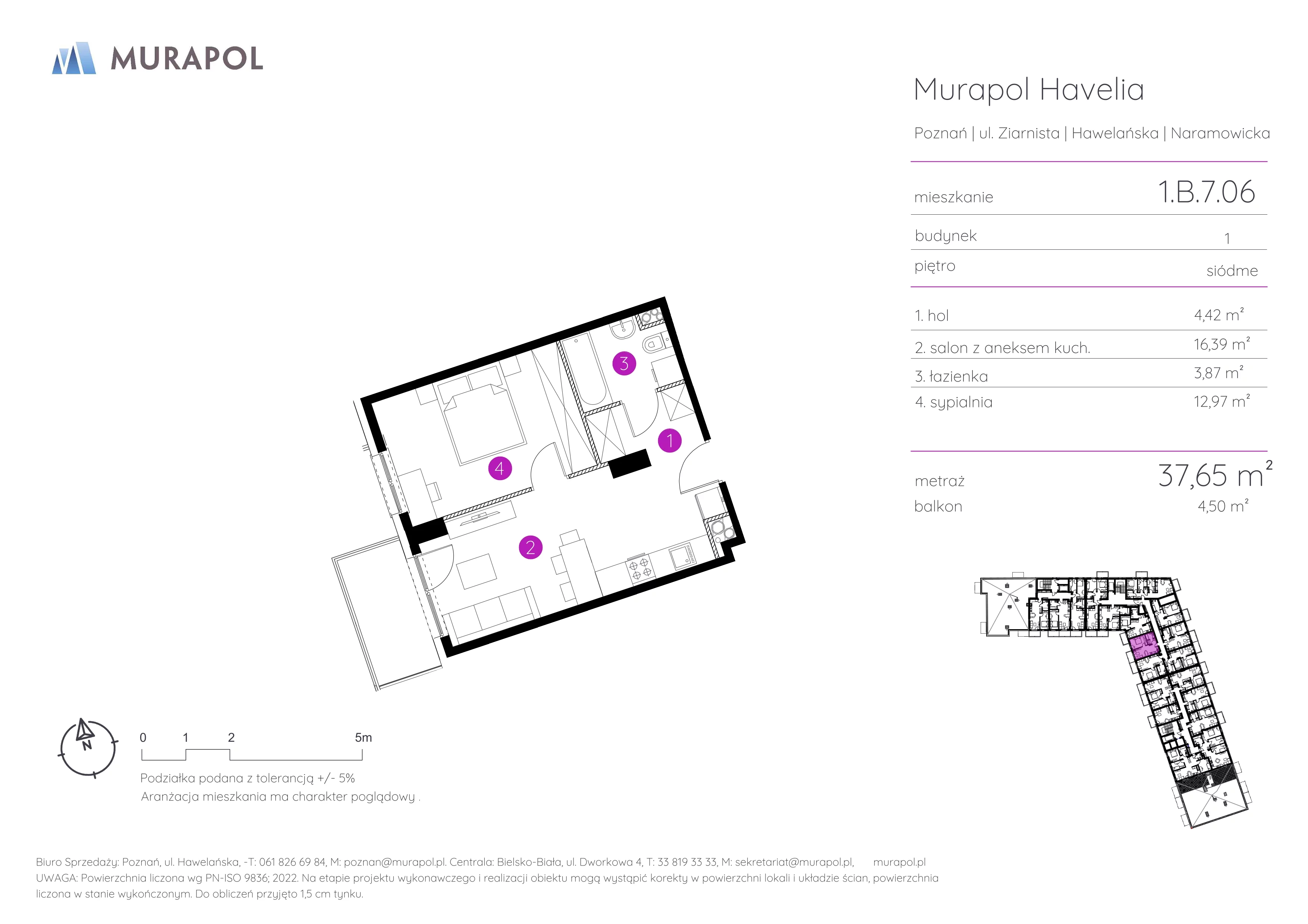 2 pokoje, mieszkanie 37,65 m², piętro 7, oferta nr 1.B.7.06, Murapol Havelia, Poznań, Winogrady, Stare Winogrady, ul. Ziarnista / Naramowicka