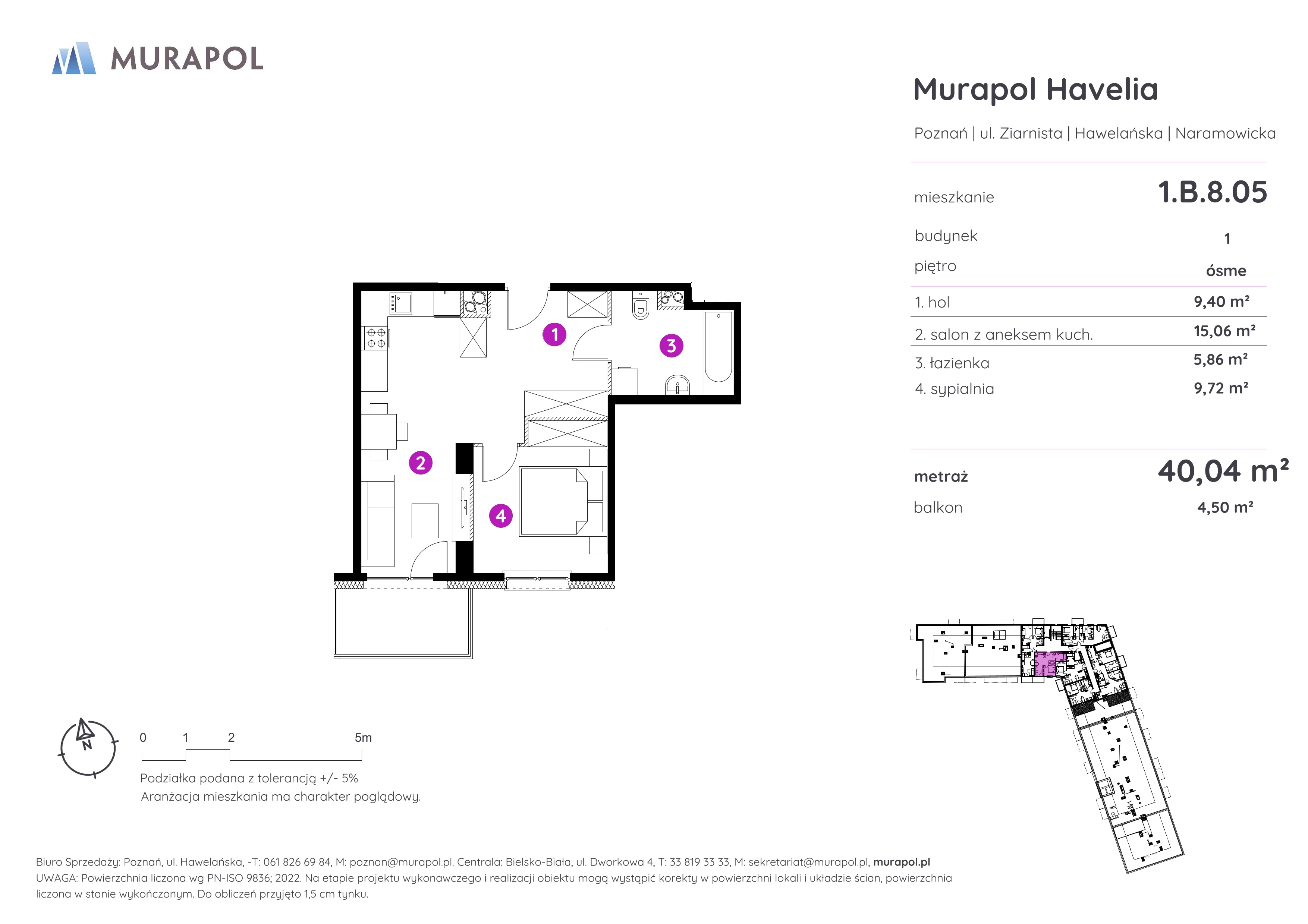 2 pokoje, mieszkanie 40,04 m², piętro 8, oferta nr 1.B.8.05, Murapol Havelia, Poznań, Winogrady, Stare Winogrady, ul. Ziarnista / Naramowicka