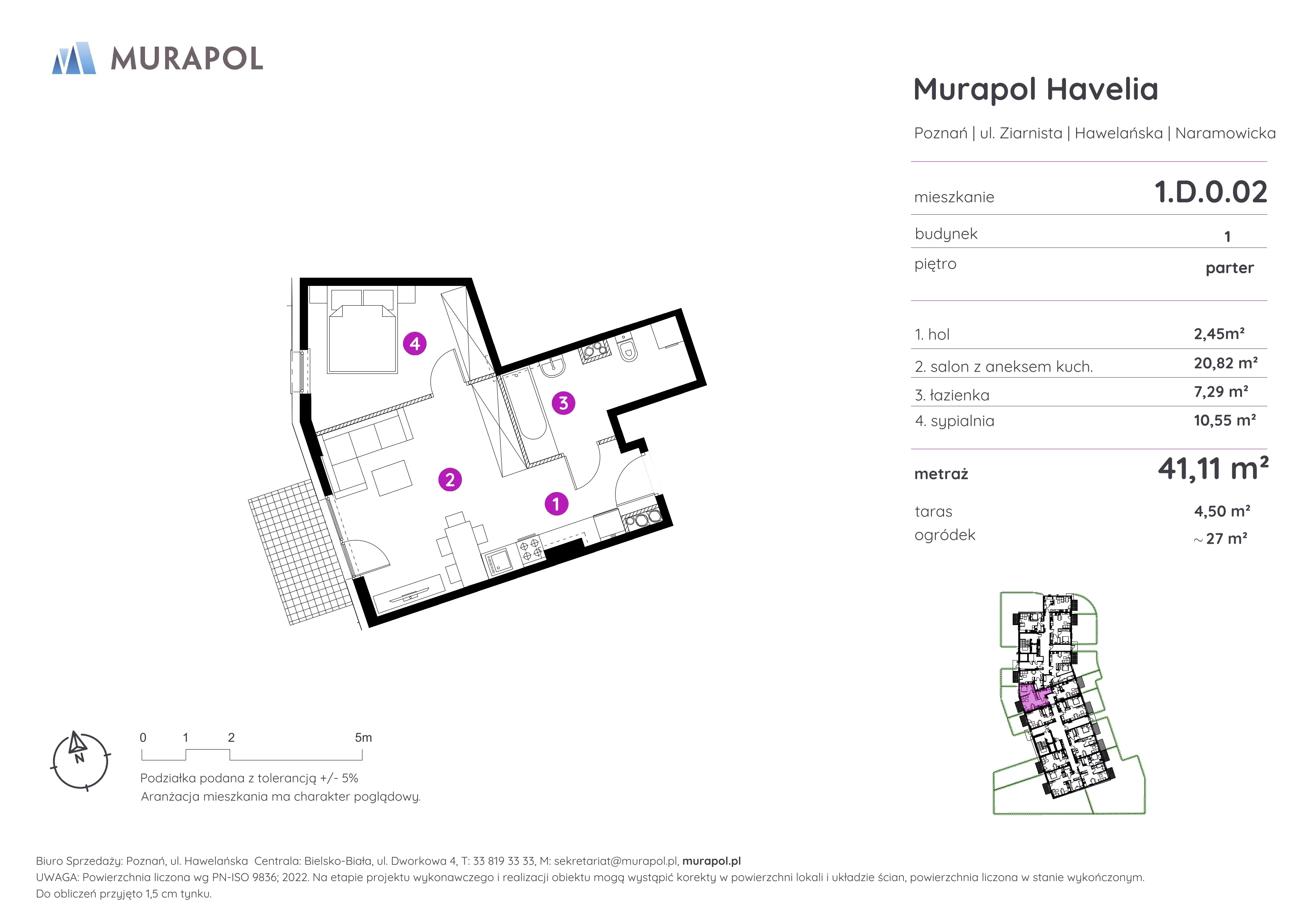 2 pokoje, mieszkanie 41,11 m², parter, oferta nr 1.D.0.02, Murapol Havelia, Poznań, Winogrady, Stare Winogrady, ul. Ziarnista / Naramowicka