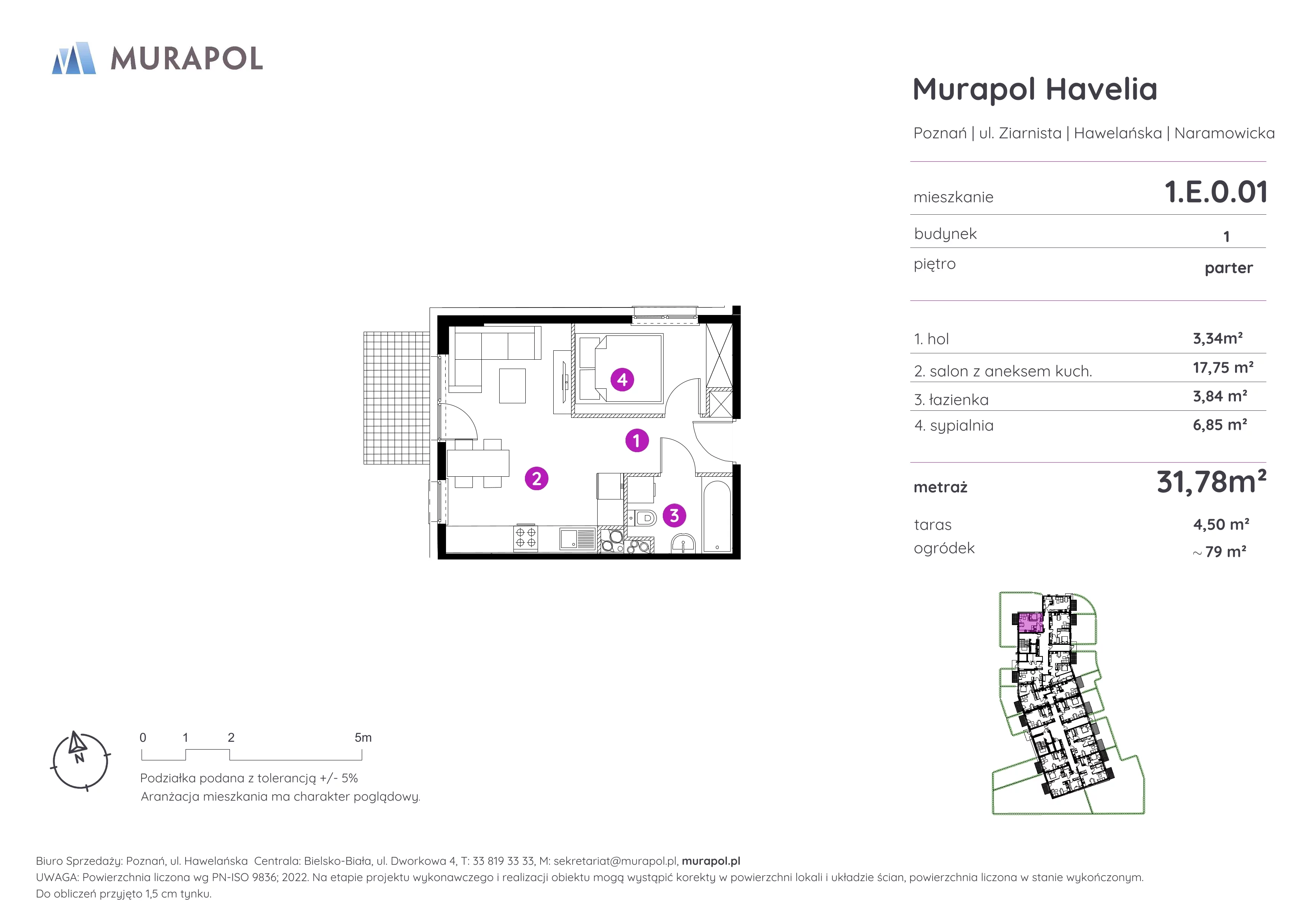 2 pokoje, mieszkanie 31,78 m², parter, oferta nr 1.E.0.01, Murapol Havelia, Poznań, Winogrady, Stare Winogrady, ul. Ziarnista / Naramowicka