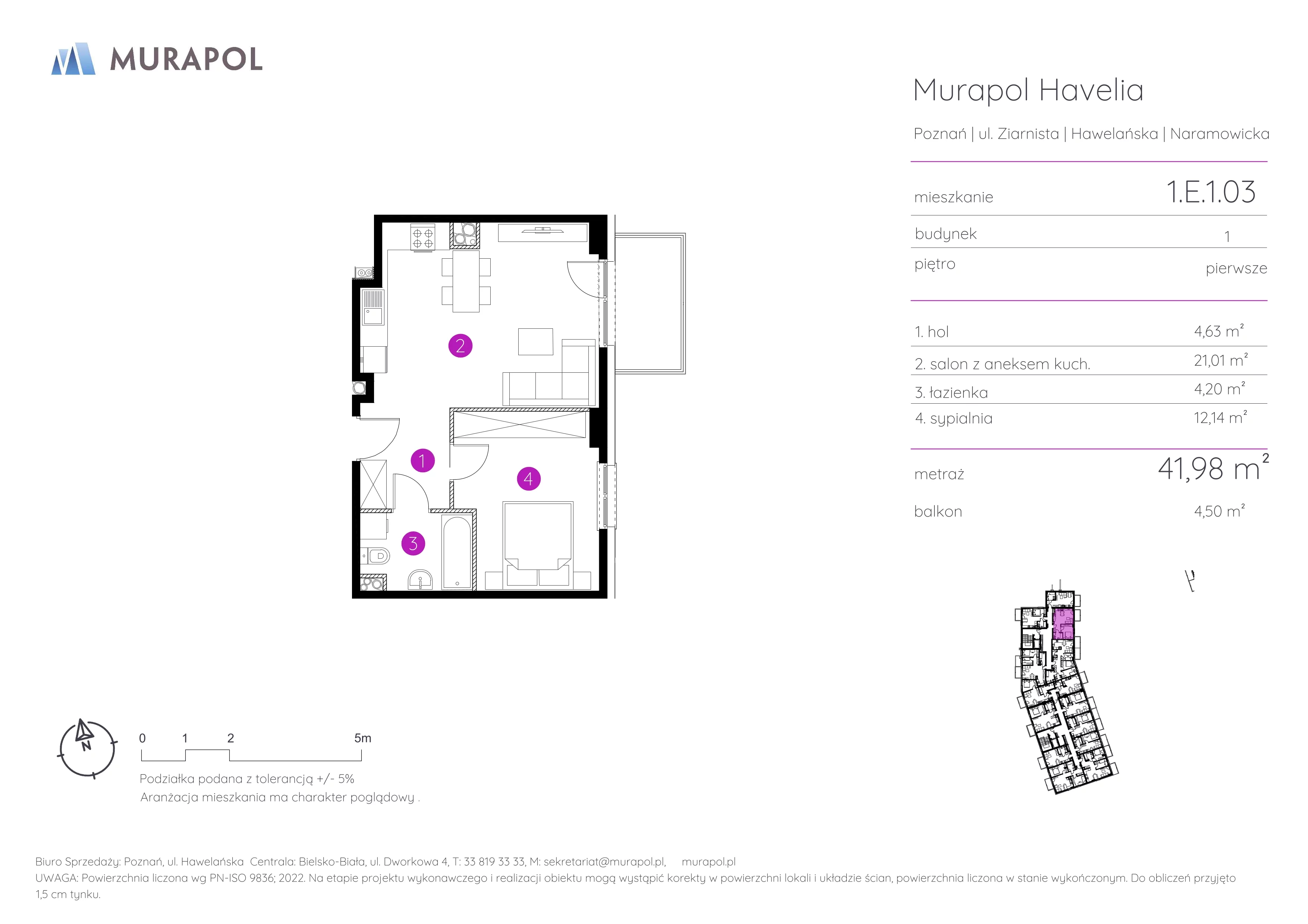 2 pokoje, mieszkanie 41,98 m², piętro 1, oferta nr 1.E.1.03, Murapol Havelia, Poznań, Winogrady, Stare Winogrady, ul. Ziarnista / Naramowicka