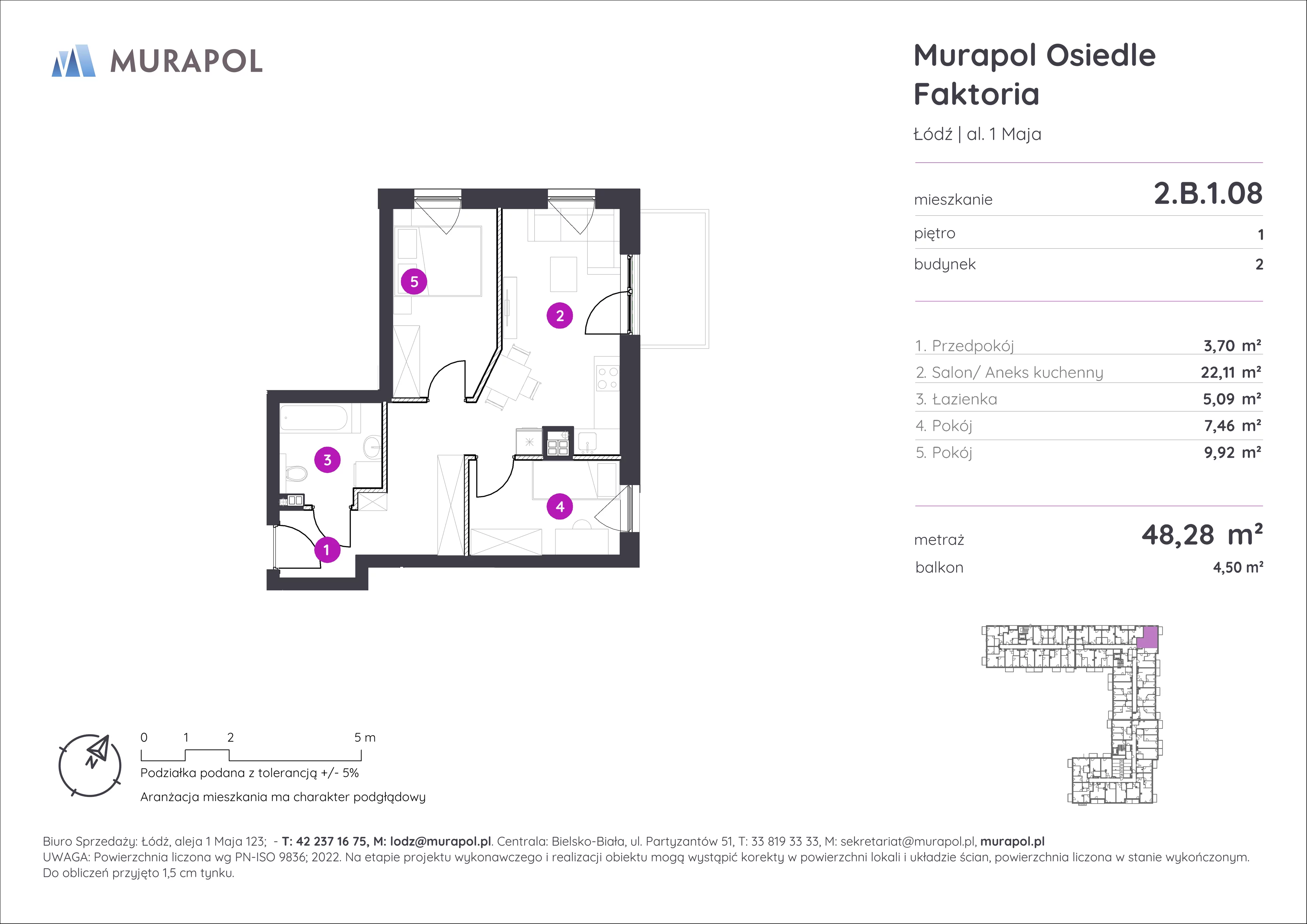 3 pokoje, mieszkanie 48,28 m², piętro 1, oferta nr 2.B.1.08, Murapol Osiedle Faktoria, Łódź, Polesie, Stare Polesie, al. 1 Maja