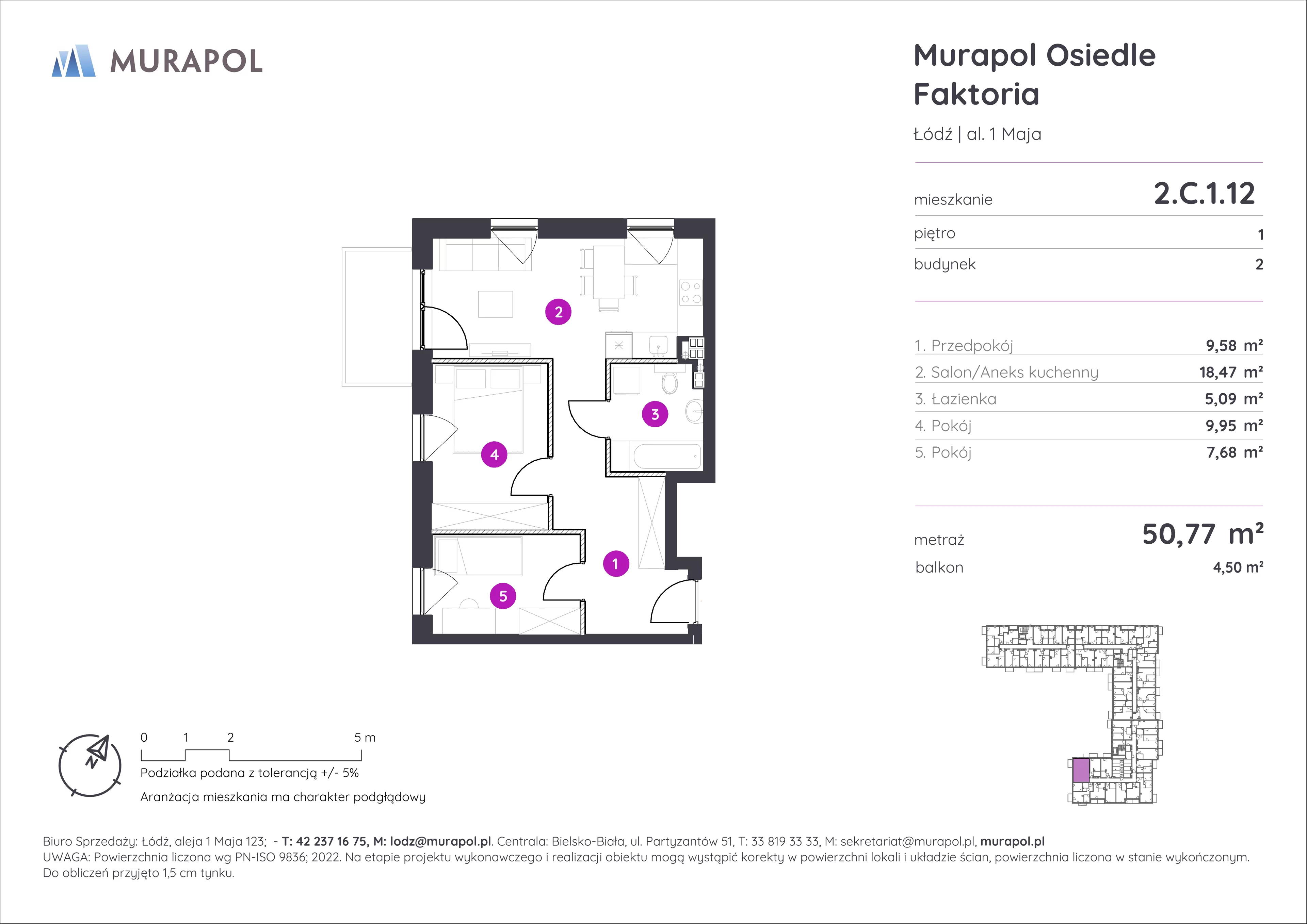 3 pokoje, mieszkanie 50,77 m², piętro 1, oferta nr 2.C.1.12, Murapol Osiedle Faktoria, Łódź, Polesie, Stare Polesie, al. 1 Maja