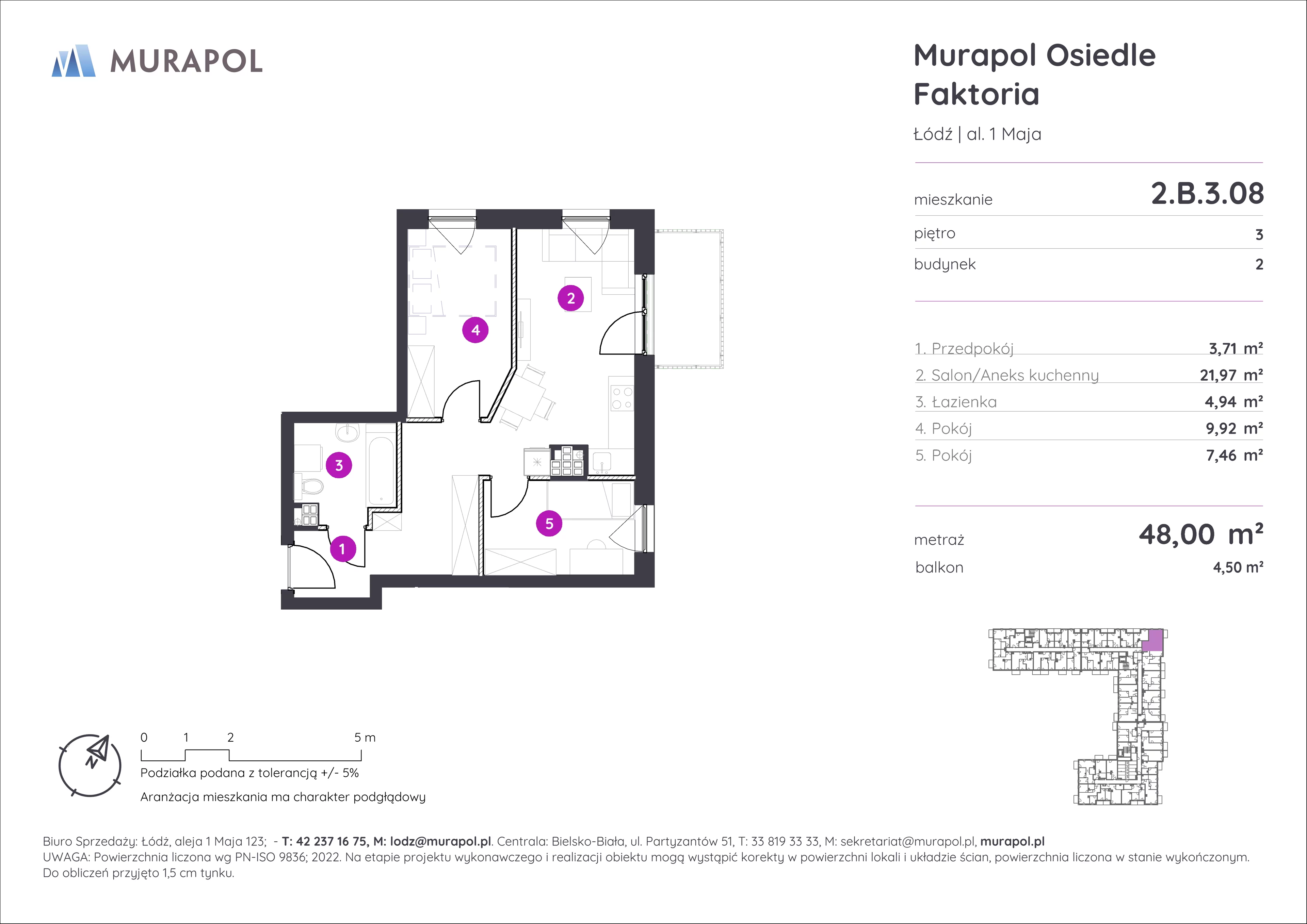 3 pokoje, mieszkanie 48,00 m², piętro 3, oferta nr 2.B.3.08, Murapol Osiedle Faktoria, Łódź, Polesie, Stare Polesie, al. 1 Maja