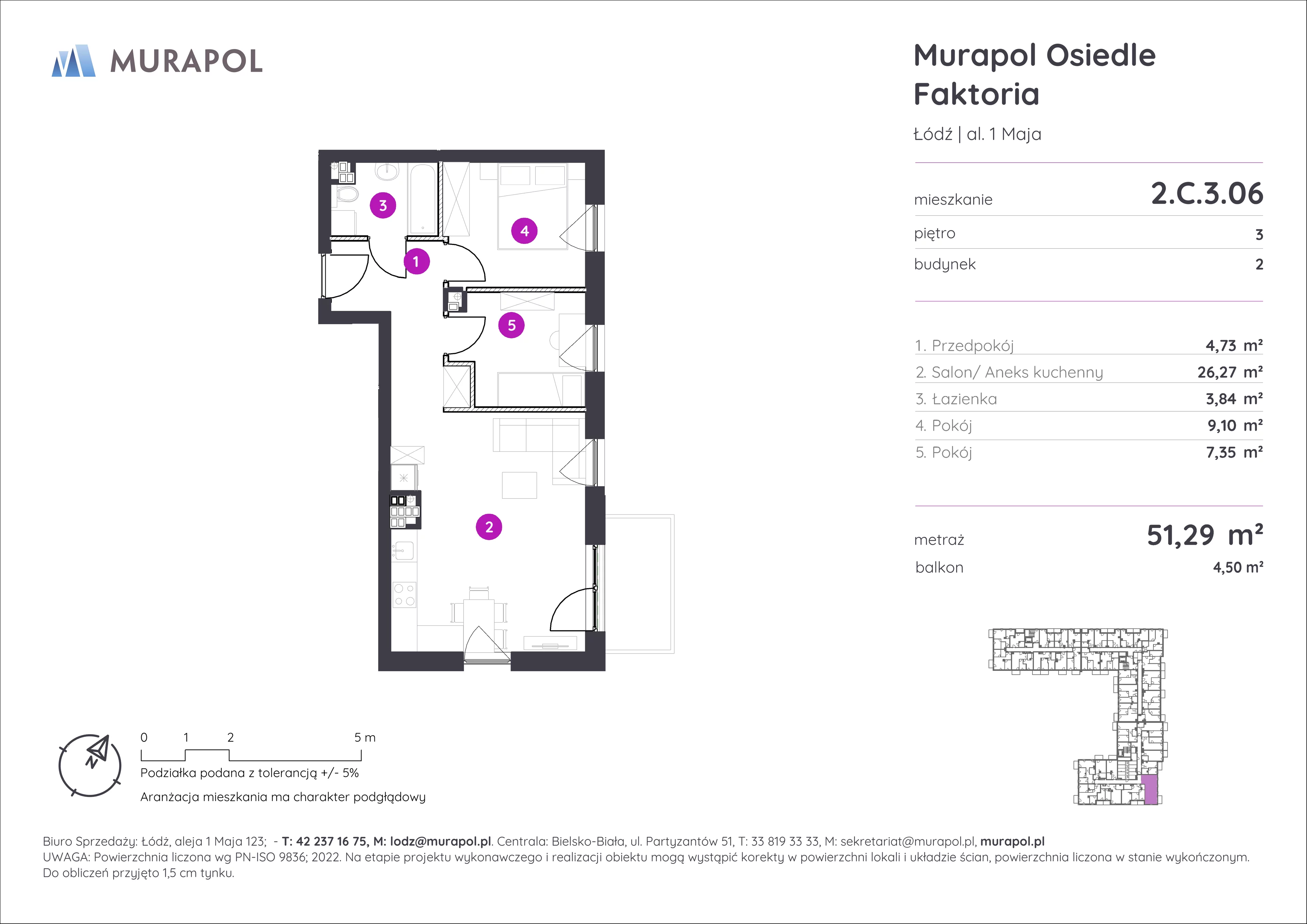 3 pokoje, mieszkanie 51,29 m², piętro 3, oferta nr 2.C.3.06, Murapol Osiedle Faktoria, Łódź, Polesie, Stare Polesie, al. 1 Maja