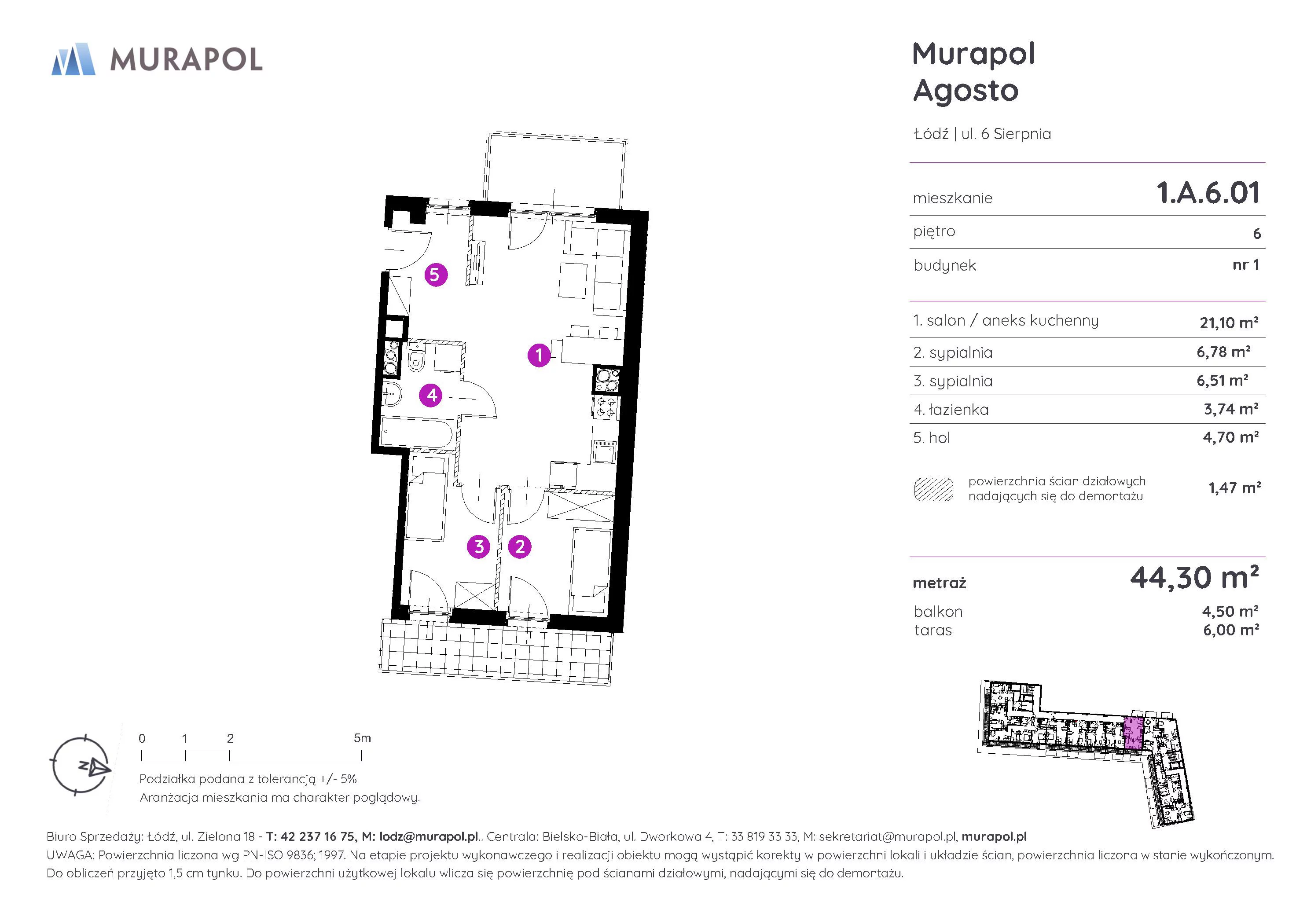 Mieszkanie 44,30 m², piętro 6, oferta nr 1.A.6.01, Murapol Agosto, Łódź, Polesie, Stare Polesie, ul. 6 Sierpnia-idx