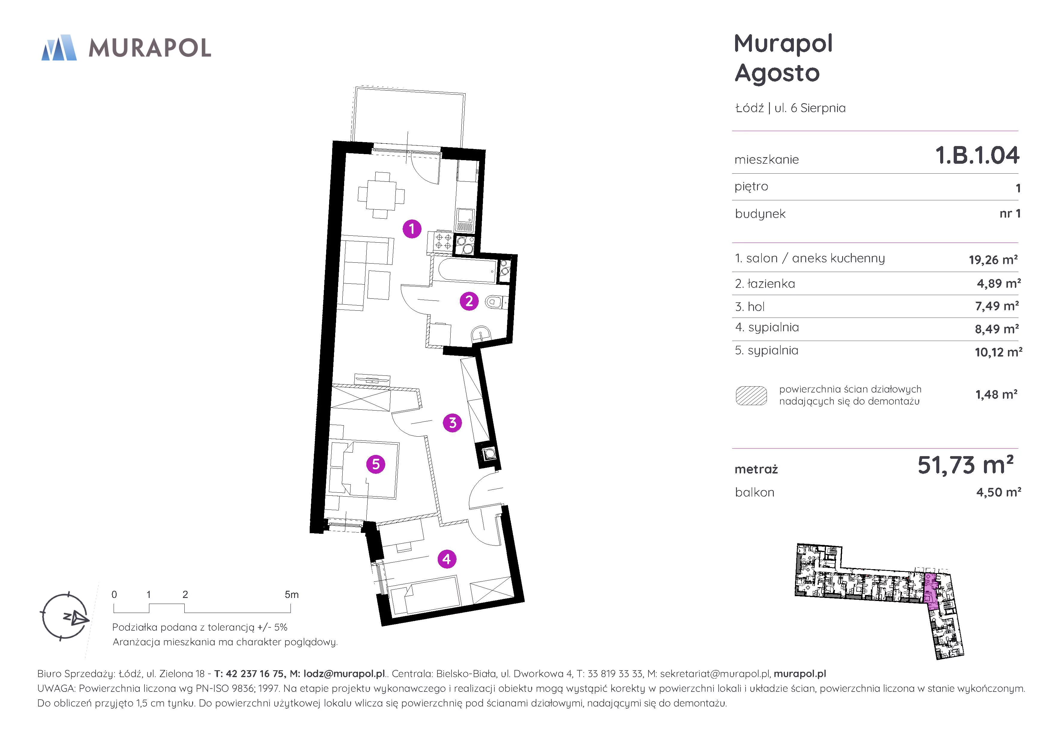 Mieszkanie 51,73 m², piętro 1, oferta nr 1.B.1.04, Murapol Agosto, Łódź, Polesie, Stare Polesie, ul. 6 Sierpnia