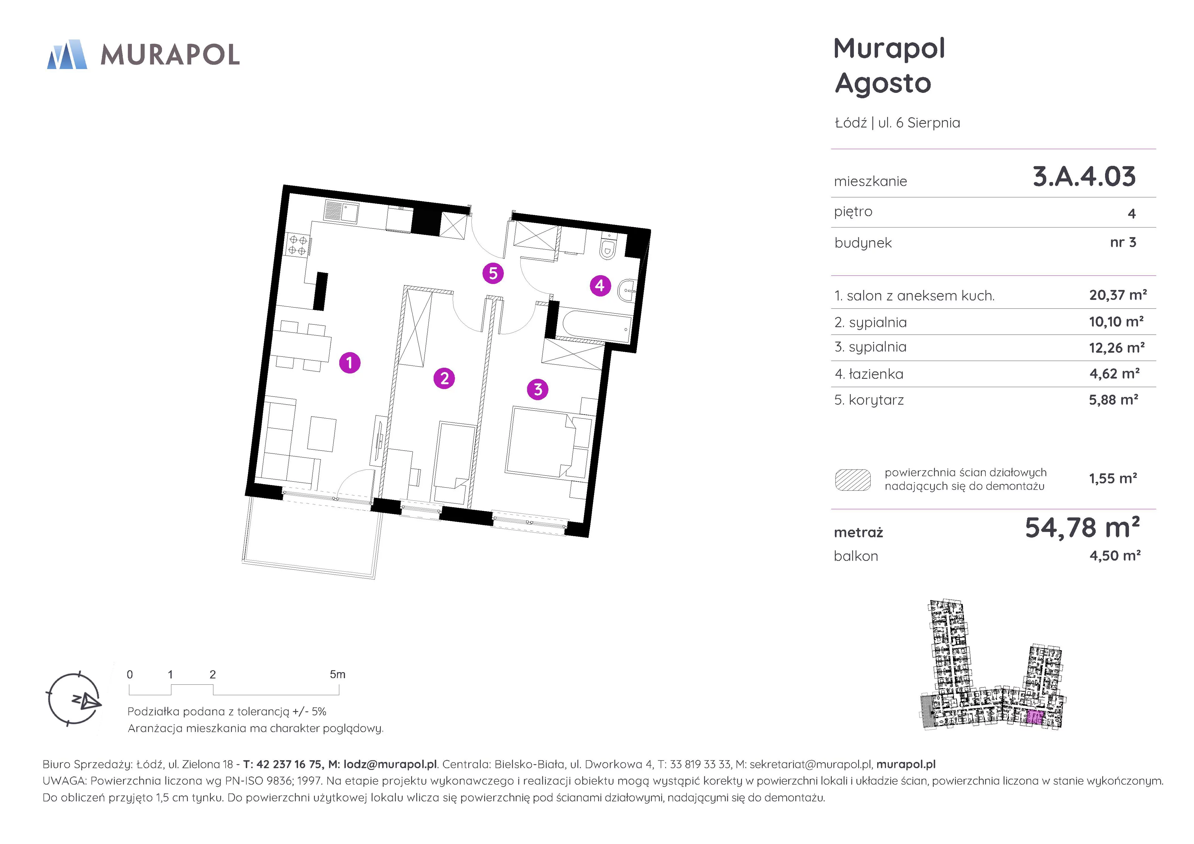 Mieszkanie 54,78 m², piętro 4, oferta nr 3.A.4.03, Murapol Agosto, Łódź, Polesie, Stare Polesie, ul. 6 Sierpnia