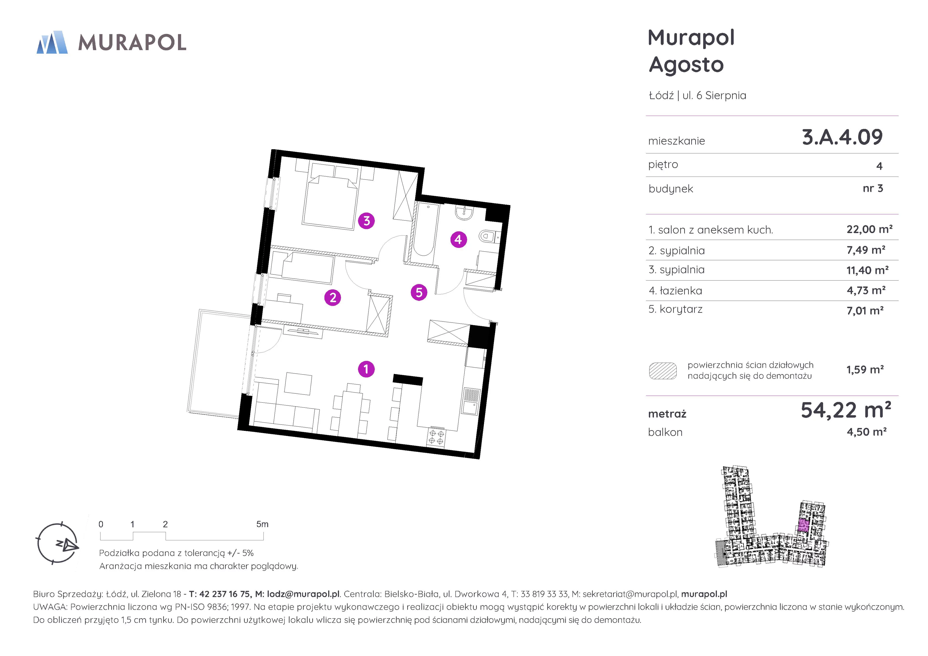 Mieszkanie 54,22 m², piętro 4, oferta nr 3.A.4.09, Murapol Agosto, Łódź, Polesie, Stare Polesie, ul. 6 Sierpnia