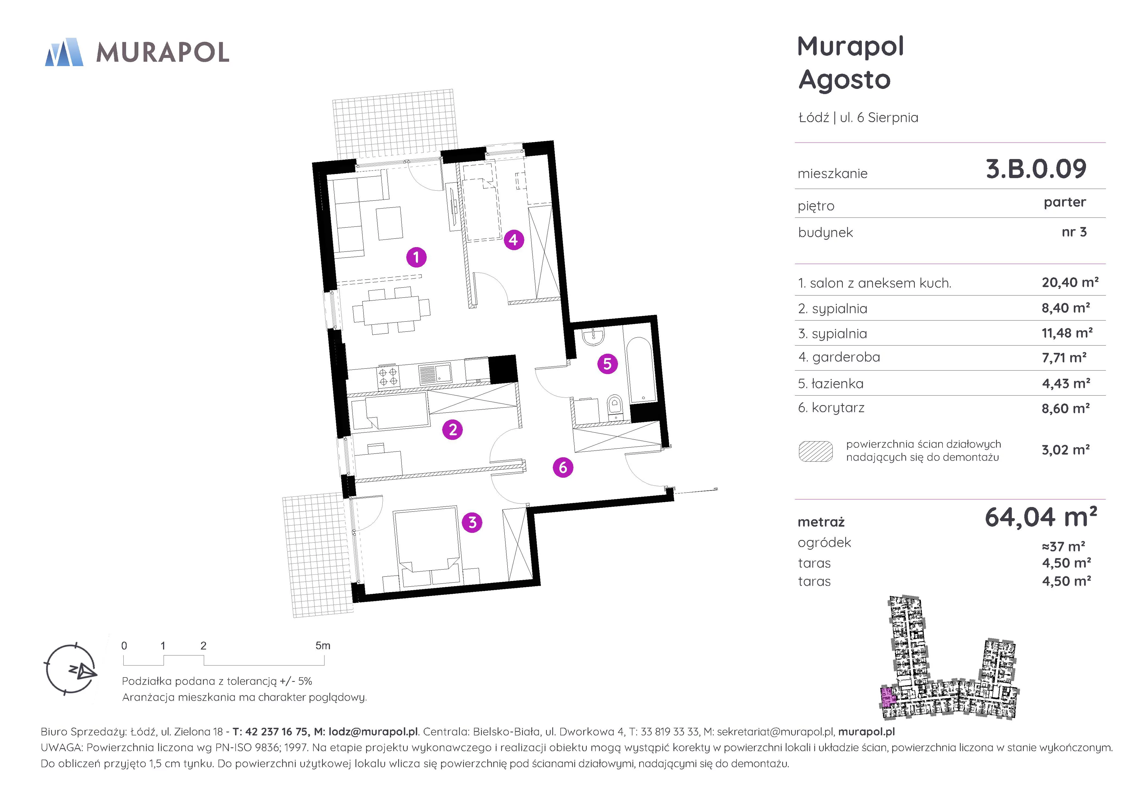 Mieszkanie 64,04 m², parter, oferta nr 3.B.0.09, Murapol Agosto, Łódź, Polesie, Stare Polesie, ul. 6 Sierpnia-idx