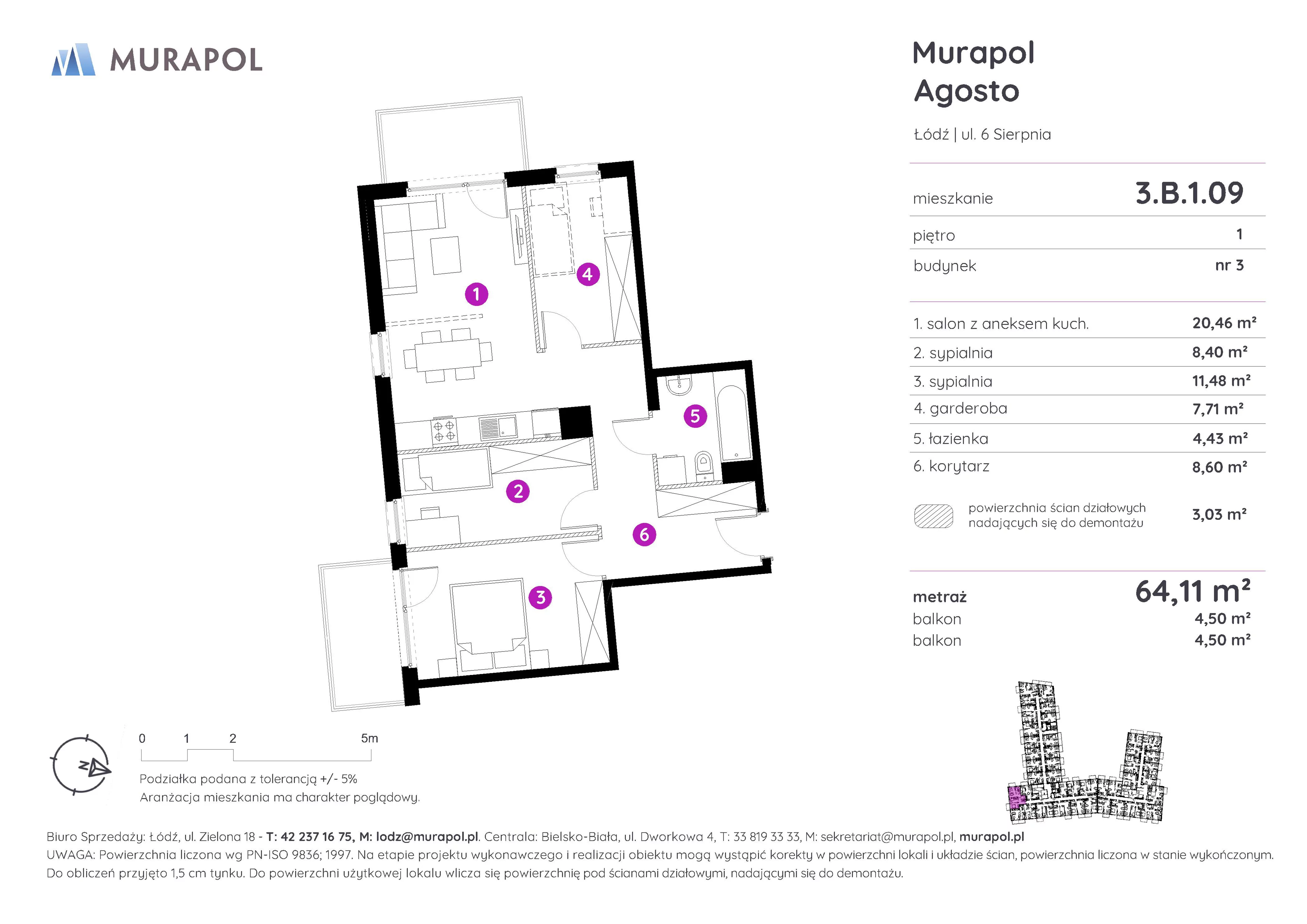 Mieszkanie 64,11 m², piętro 1, oferta nr 3.B.1.09, Murapol Agosto, Łódź, Polesie, Stare Polesie, ul. 6 Sierpnia