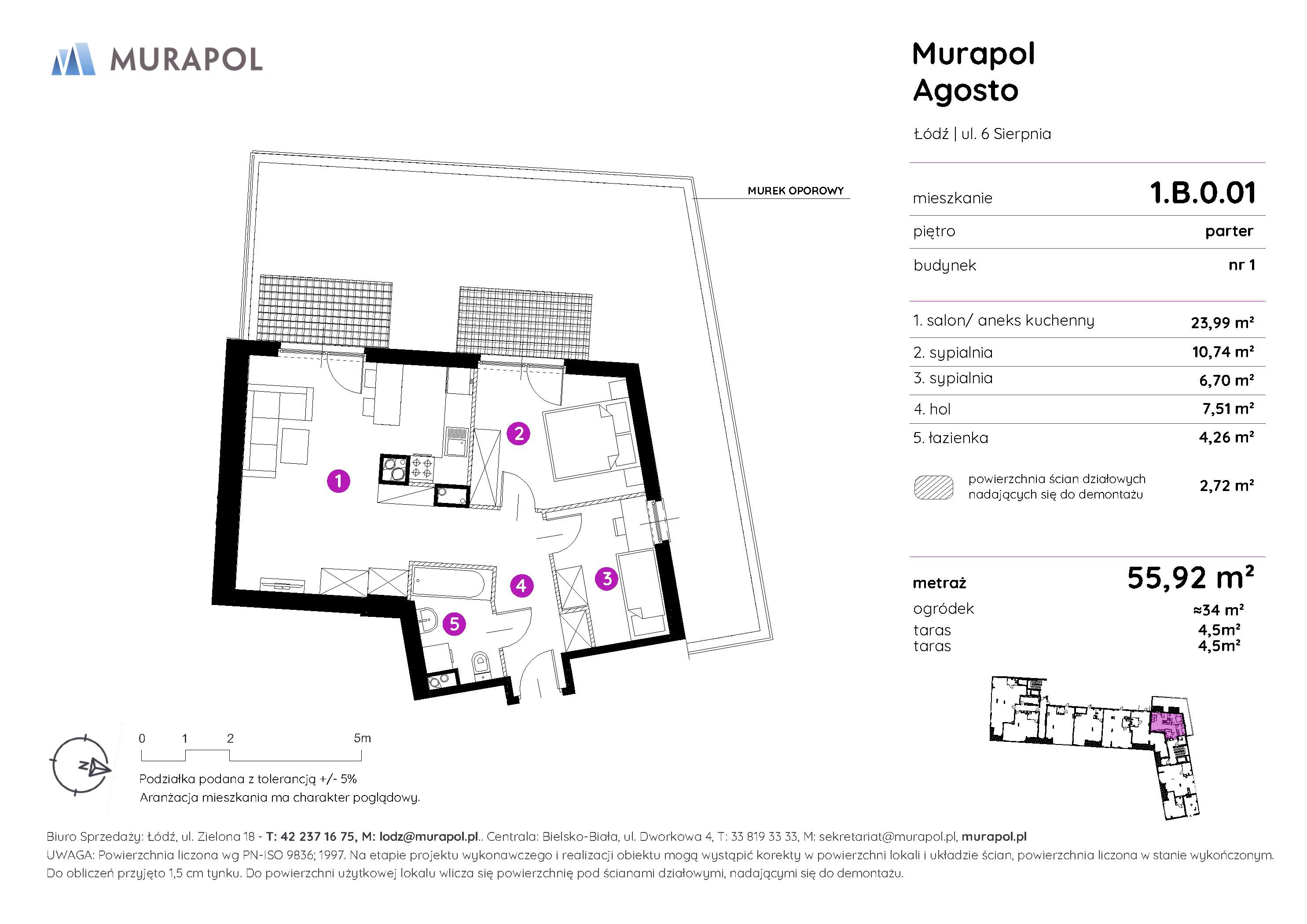 3 pokoje, mieszkanie 55,92 m², parter, oferta nr 1.B.0.01, Murapol Agosto, Łódź, Polesie, Stare Polesie, ul. 6 Sierpnia