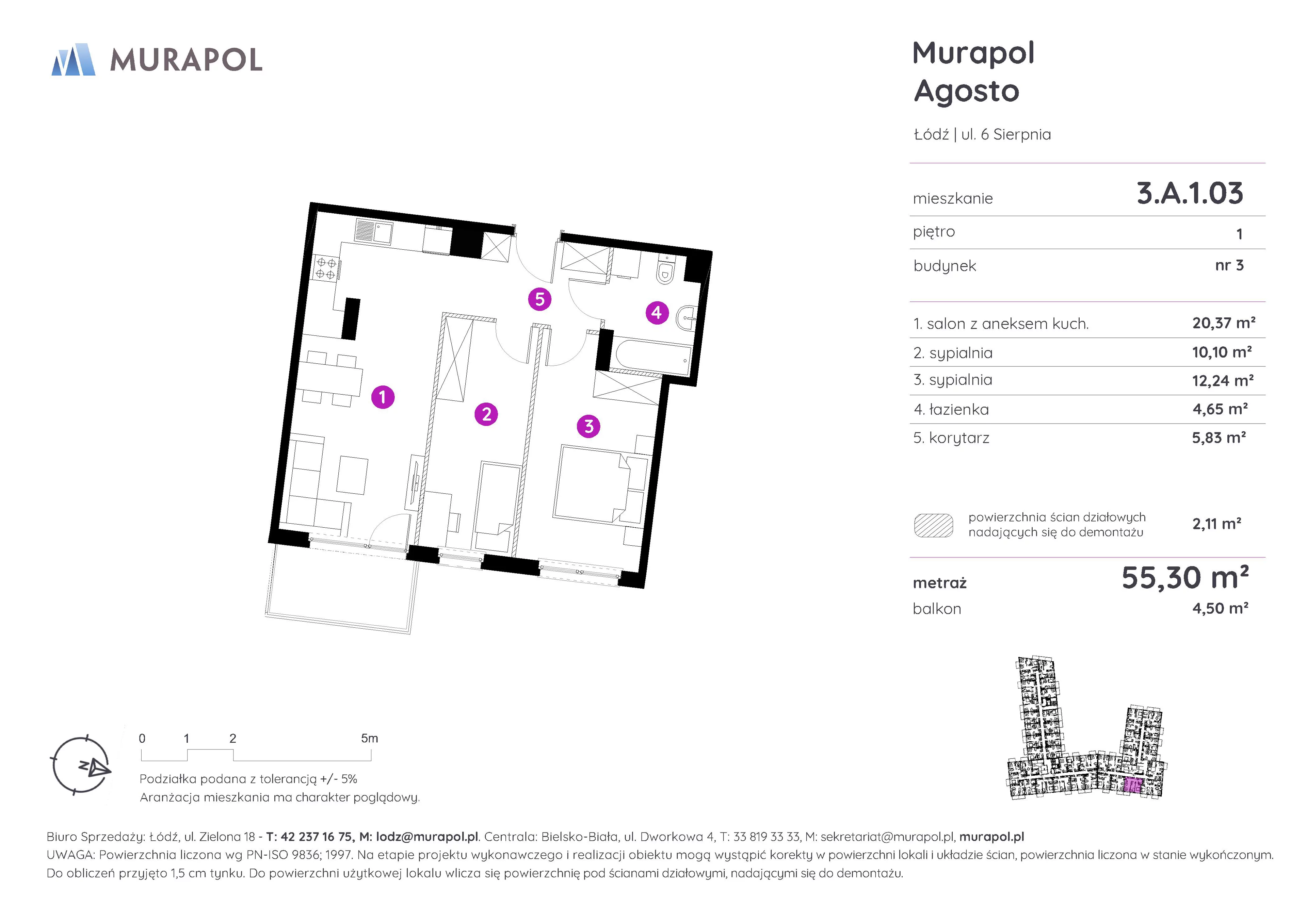 3 pokoje, mieszkanie 55,30 m², piętro 1, oferta nr 3.A.1.03, Murapol Agosto, Łódź, Polesie, Stare Polesie, ul. 6 Sierpnia