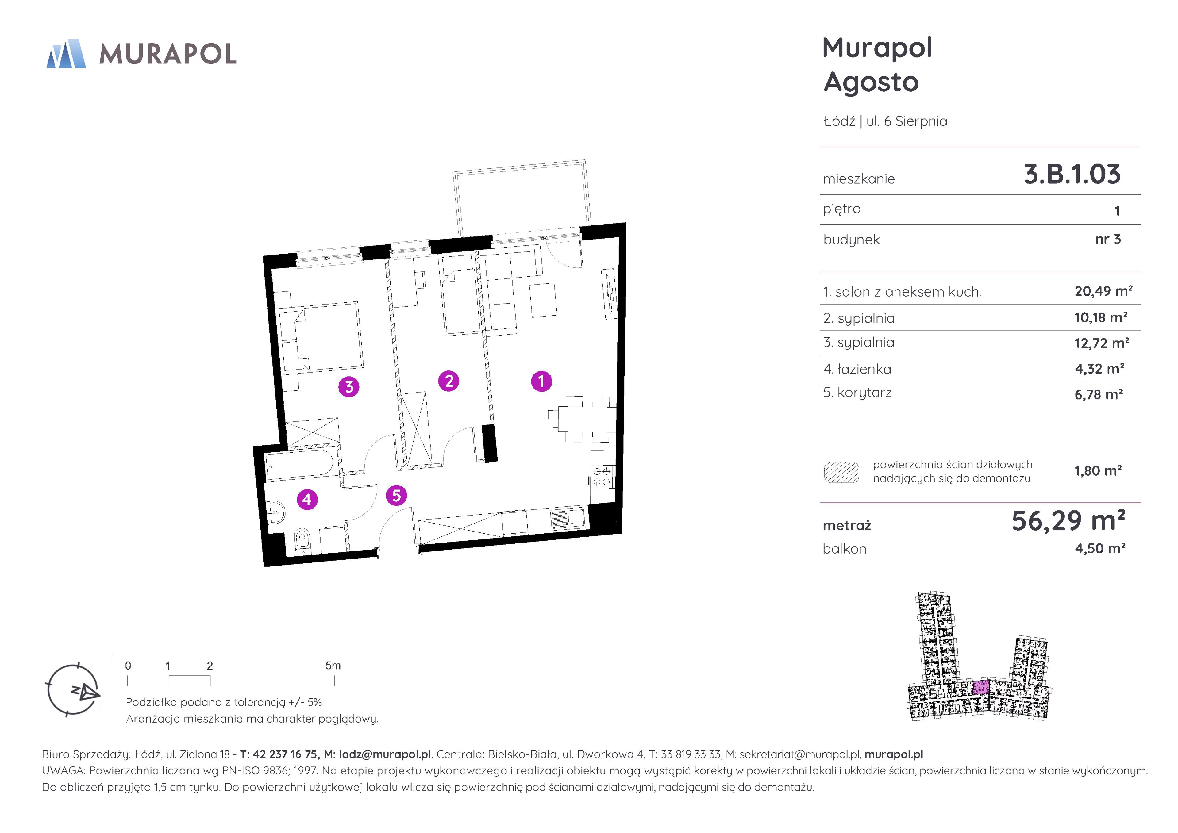 3 pokoje, mieszkanie 56,29 m², piętro 1, oferta nr 3.B.1.03, Murapol Agosto, Łódź, Polesie, Stare Polesie, ul. 6 Sierpnia