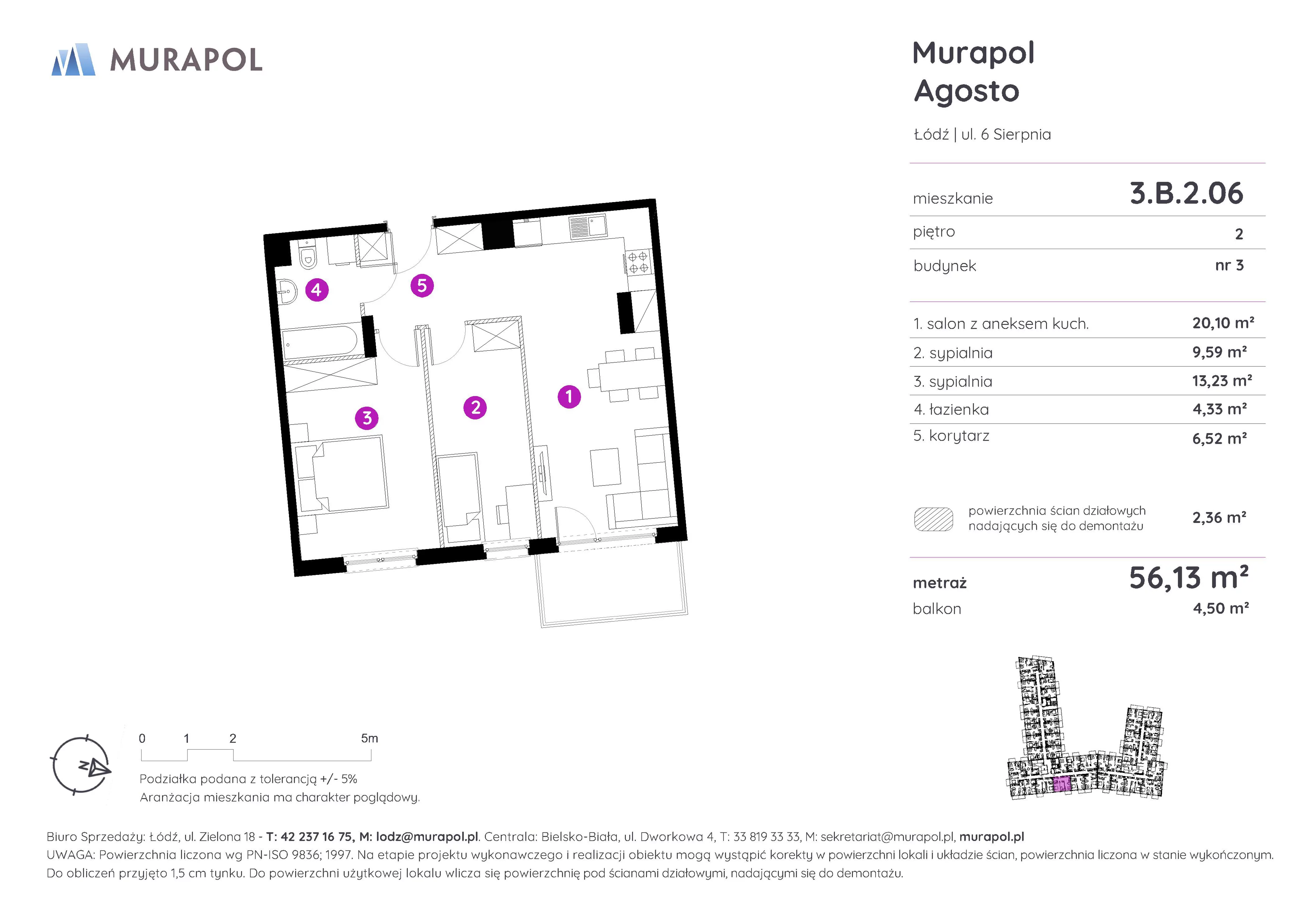 3 pokoje, mieszkanie 56,13 m², piętro 2, oferta nr 3.B.2.06, Murapol Agosto, Łódź, Polesie, Stare Polesie, ul. 6 Sierpnia