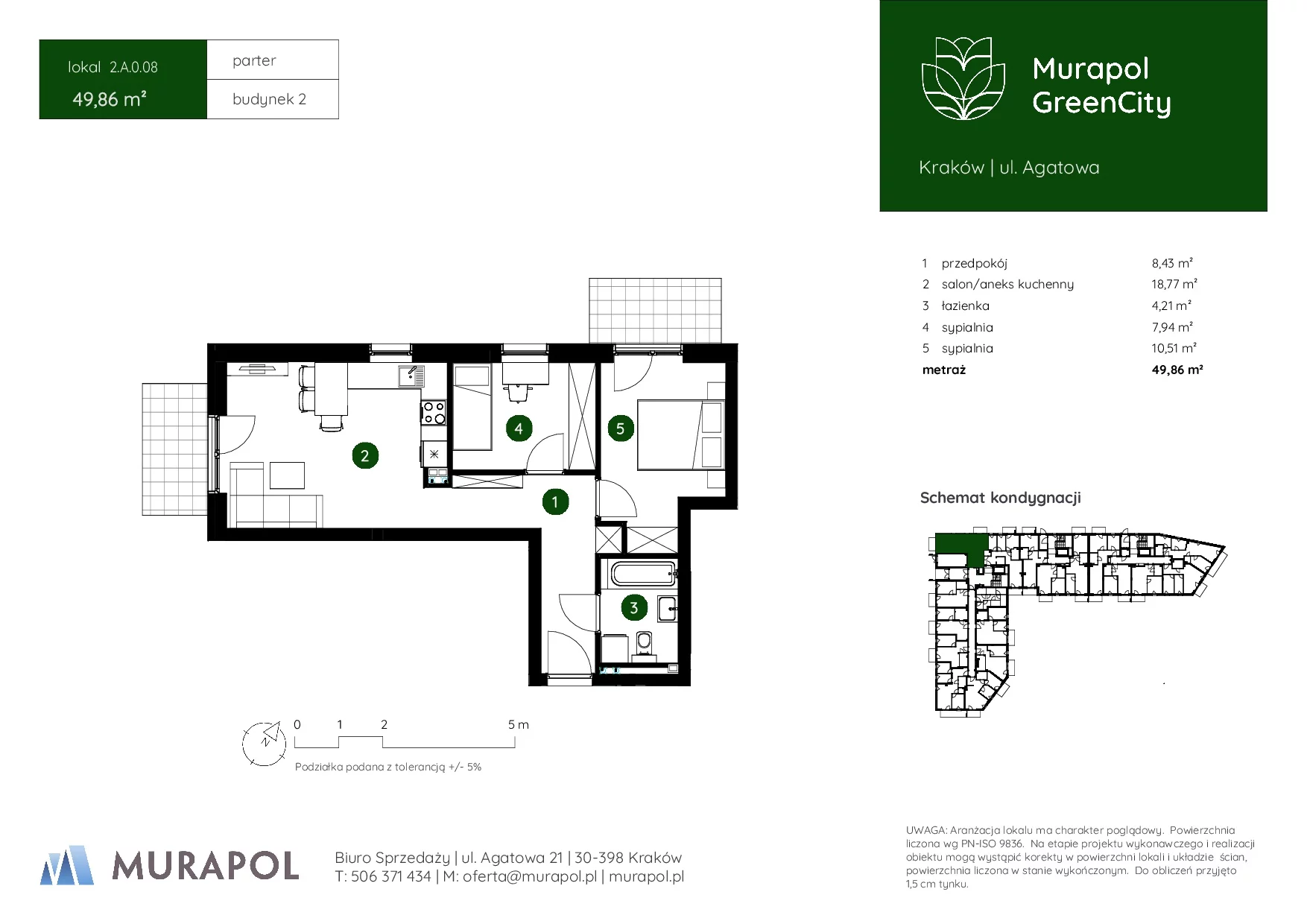 3 pokoje, mieszkanie 49,86 m², parter, oferta nr 2.A.0.08, Murapol GreenCity, Kraków, Bieżanów-Prokocim, Osiedle Złocień, ul. Agatowa
