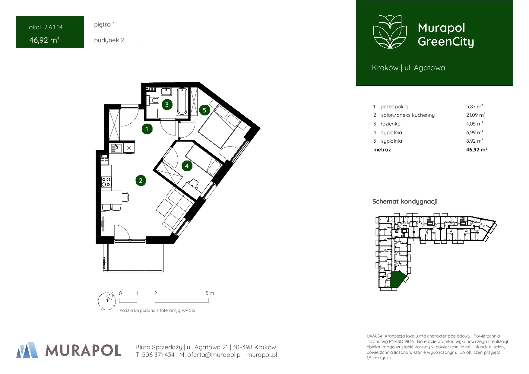 3 pokoje, mieszkanie 46,92 m², piętro 1, oferta nr 2.A.1.04, Murapol GreenCity, Kraków, Bieżanów-Prokocim, Osiedle Złocień, ul. Agatowa