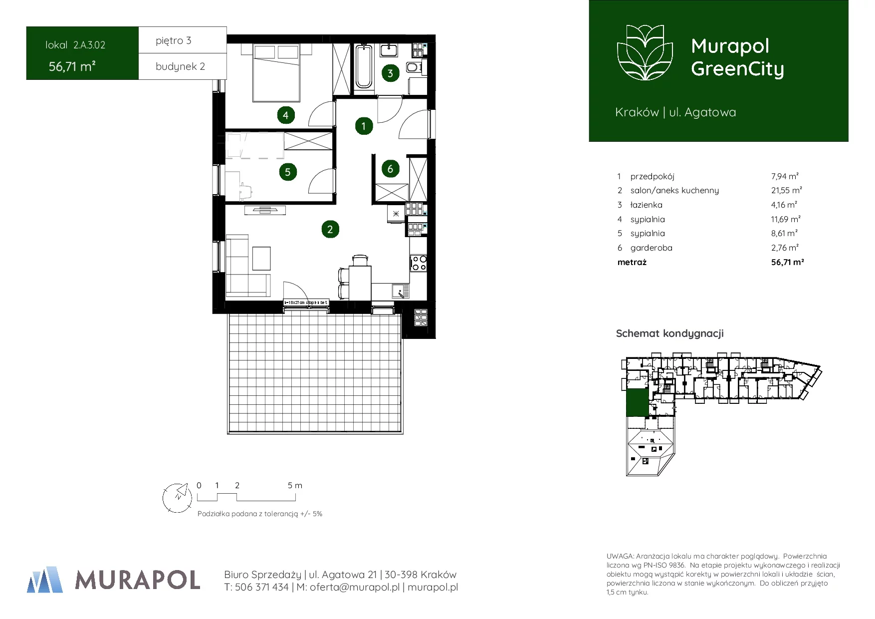 3 pokoje, mieszkanie 56,71 m², piętro 3, oferta nr 2.A.3.02, Murapol GreenCity, Kraków, Bieżanów-Prokocim, Osiedle Złocień, ul. Agatowa
