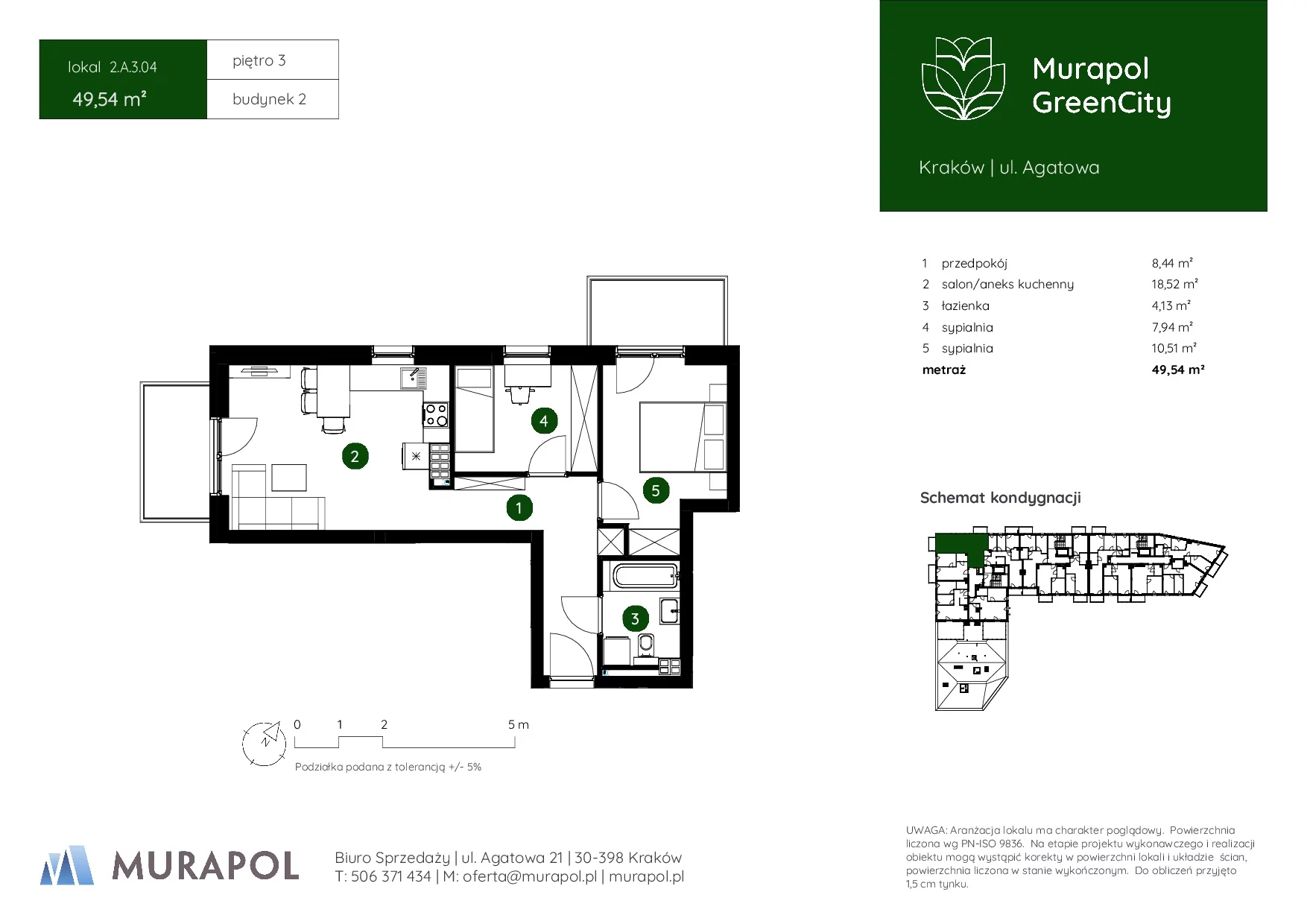 3 pokoje, mieszkanie 49,54 m², piętro 3, oferta nr 2.A.3.04, Murapol GreenCity, Kraków, Bieżanów-Prokocim, Osiedle Złocień, ul. Agatowa