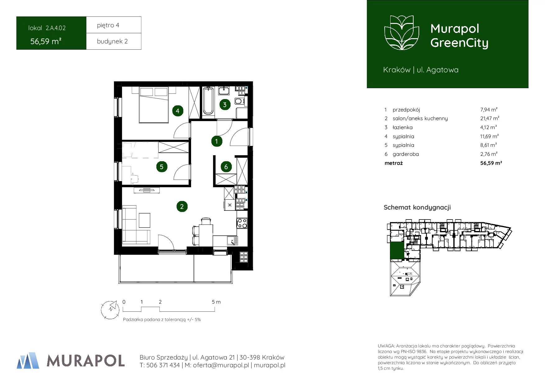3 pokoje, mieszkanie 56,59 m², piętro 4, oferta nr 2.A.4.02, Murapol GreenCity, Kraków, Bieżanów-Prokocim, Osiedle Złocień, ul. Agatowa