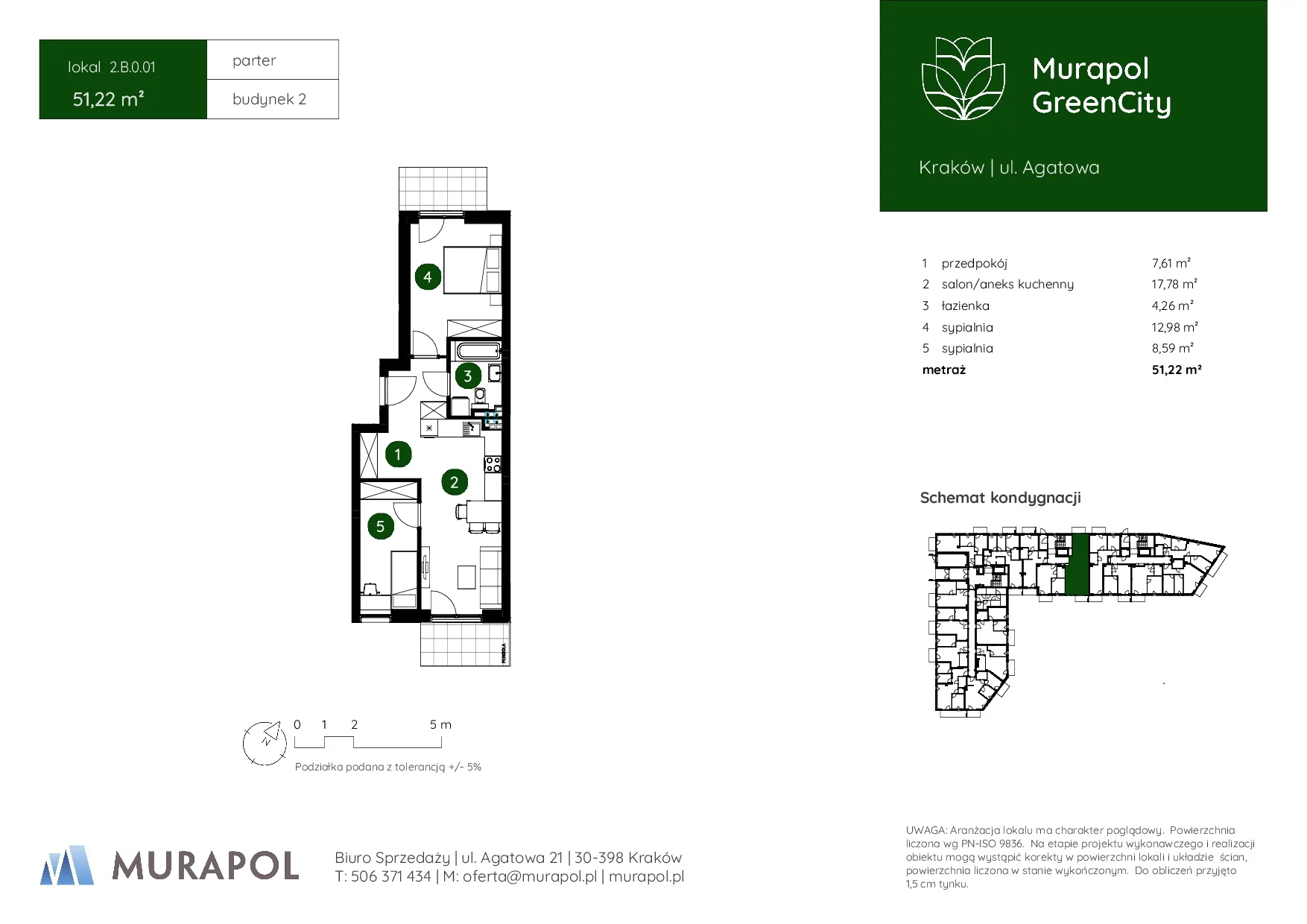 3 pokoje, mieszkanie 51,22 m², parter, oferta nr 2.B.0.01, Murapol GreenCity, Kraków, Bieżanów-Prokocim, Osiedle Złocień, ul. Agatowa