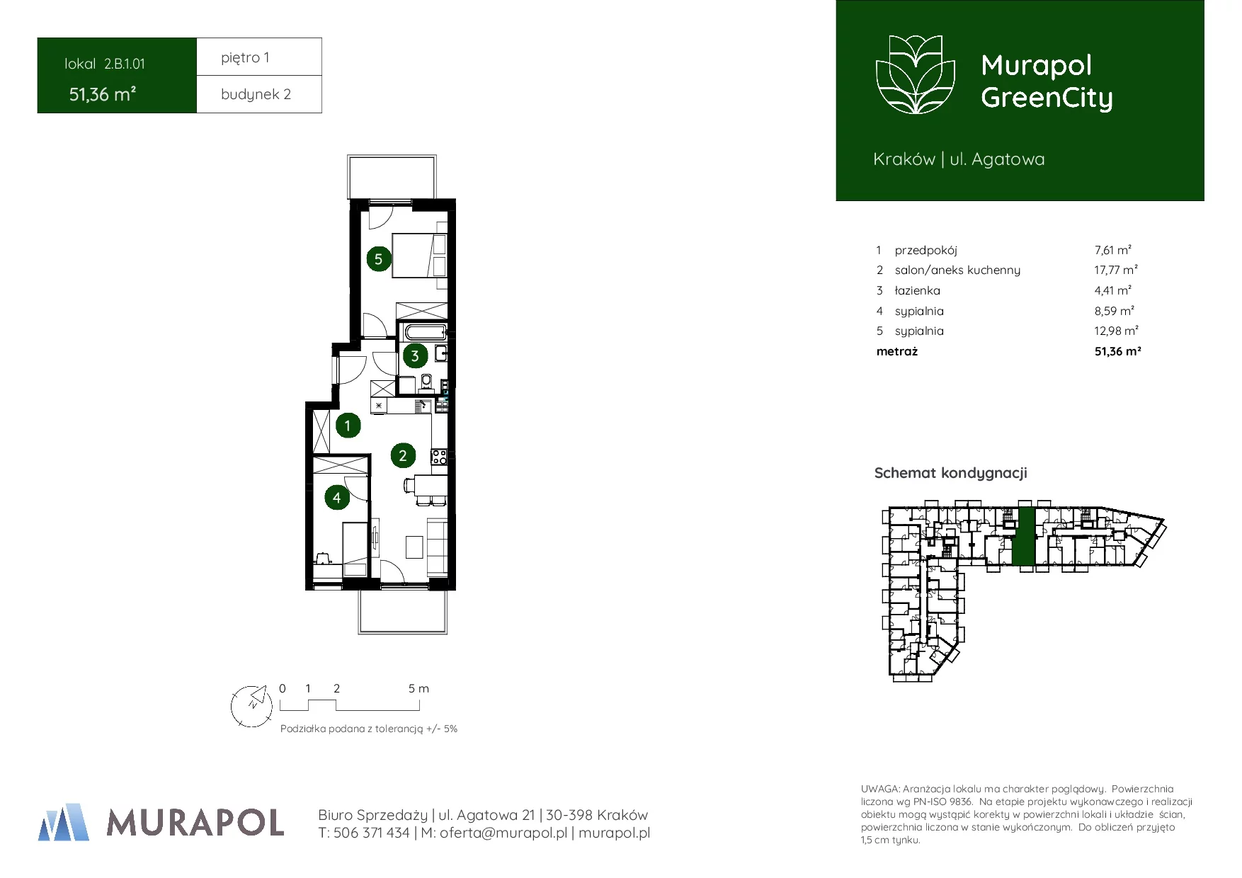 3 pokoje, mieszkanie 51,36 m², piętro 1, oferta nr 2.B.1.01, Murapol GreenCity, Kraków, Bieżanów-Prokocim, Osiedle Złocień, ul. Agatowa