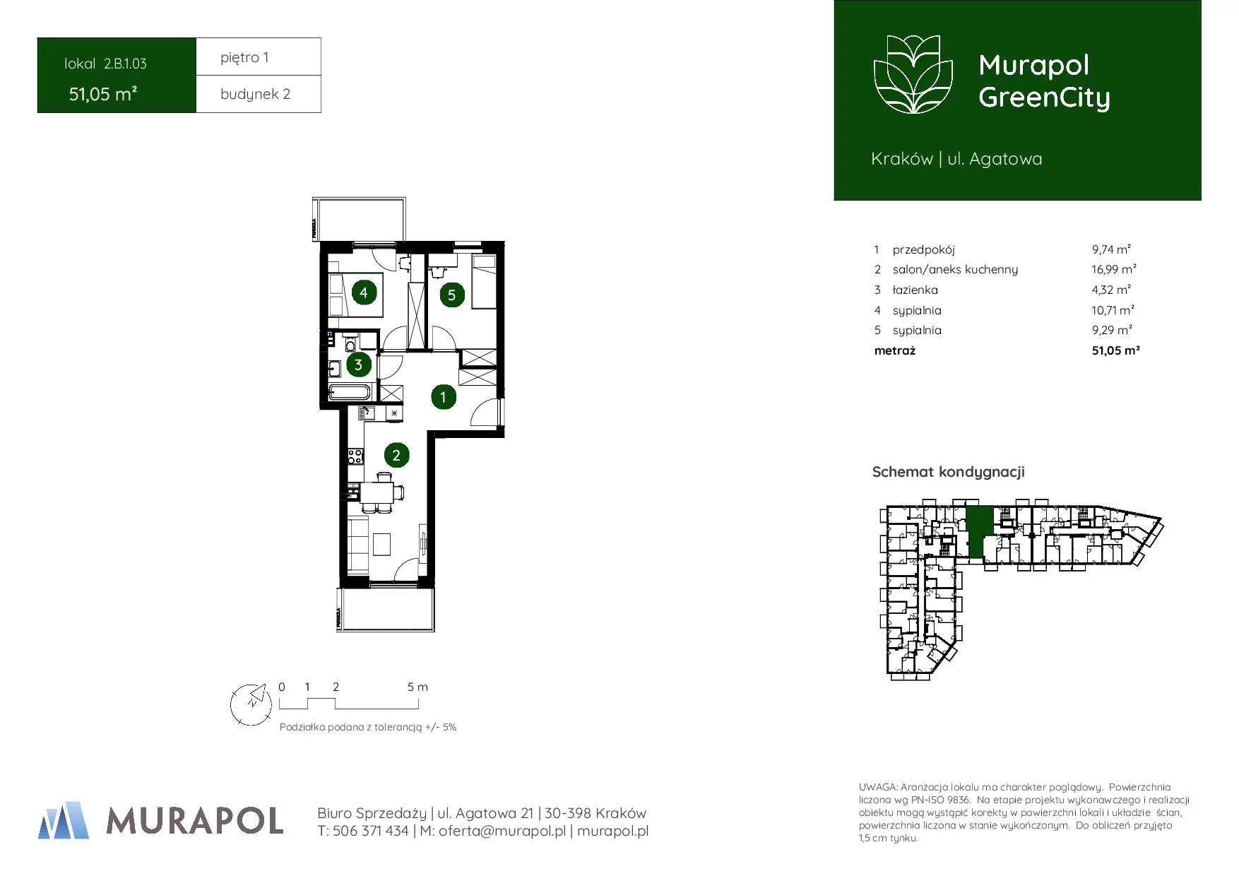 3 pokoje, mieszkanie 51,05 m², piętro 1, oferta nr 2.B.1.03, Murapol GreenCity, Kraków, Bieżanów-Prokocim, Osiedle Złocień, ul. Agatowa