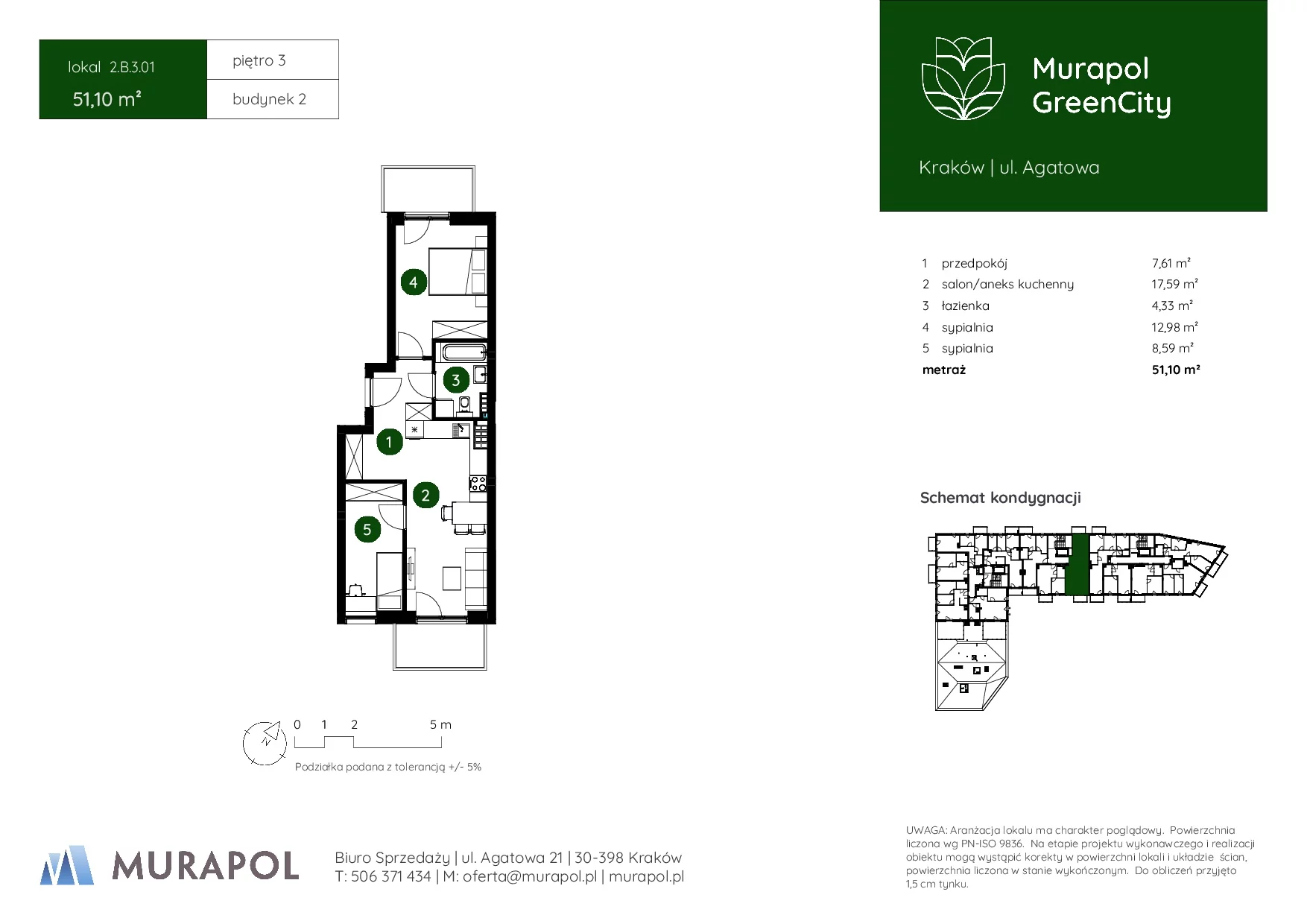 3 pokoje, mieszkanie 51,10 m², piętro 3, oferta nr 2.B.3.01, Murapol GreenCity, Kraków, Bieżanów-Prokocim, Osiedle Złocień, ul. Agatowa