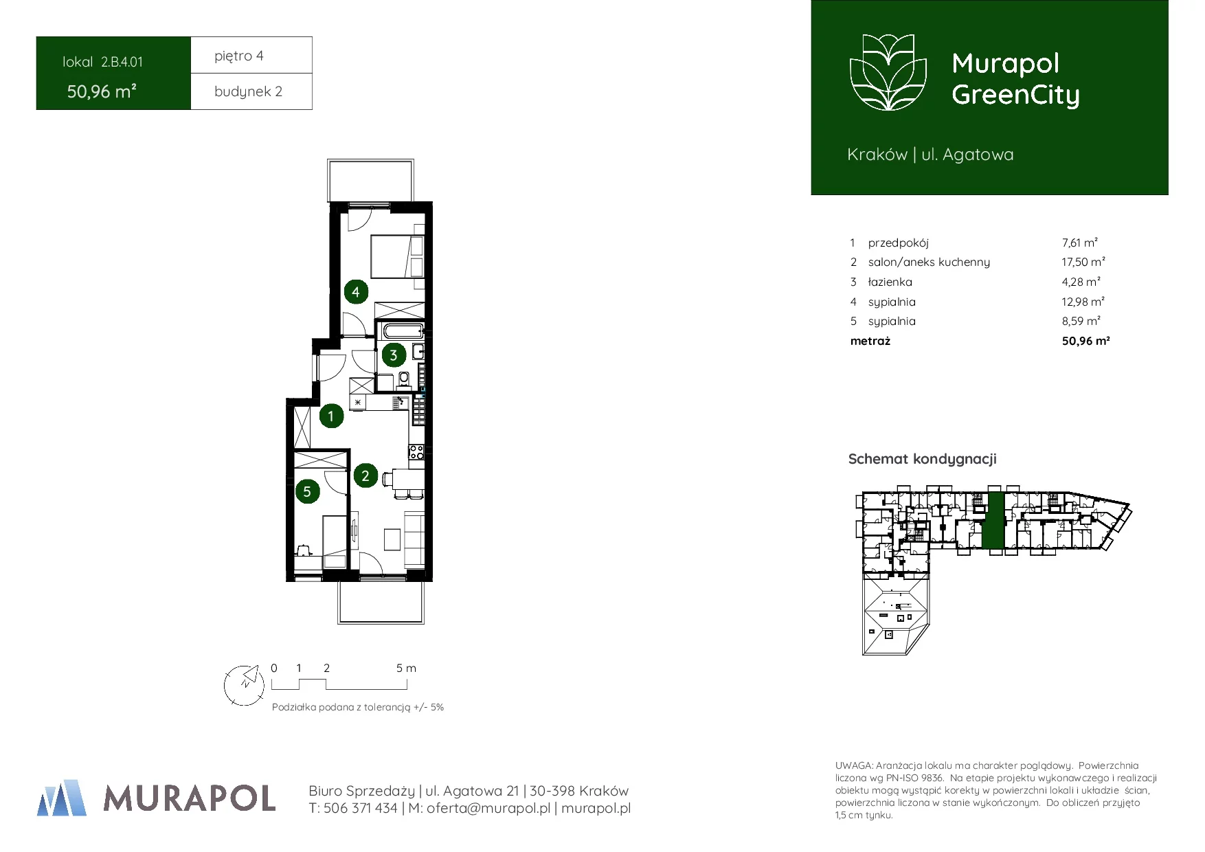 3 pokoje, mieszkanie 50,96 m², piętro 4, oferta nr 2.B.4.01, Murapol GreenCity, Kraków, Bieżanów-Prokocim, Osiedle Złocień, ul. Agatowa