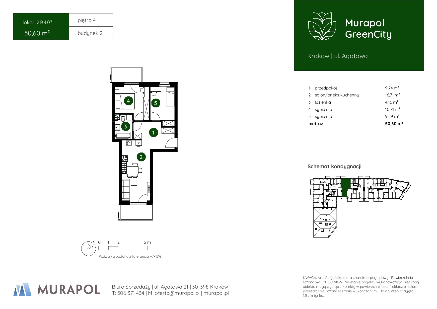 3 pokoje, mieszkanie 50,60 m², piętro 4, oferta nr 2.B.4.03, Murapol GreenCity, Kraków, Bieżanów-Prokocim, Osiedle Złocień, ul. Agatowa