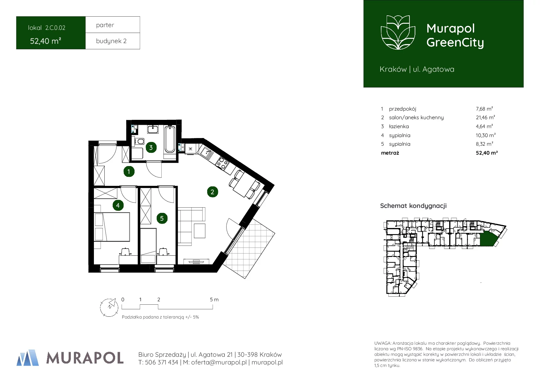 3 pokoje, mieszkanie 52,40 m², parter, oferta nr 2.C.0.02, Murapol GreenCity, Kraków, Bieżanów-Prokocim, Osiedle Złocień, ul. Agatowa