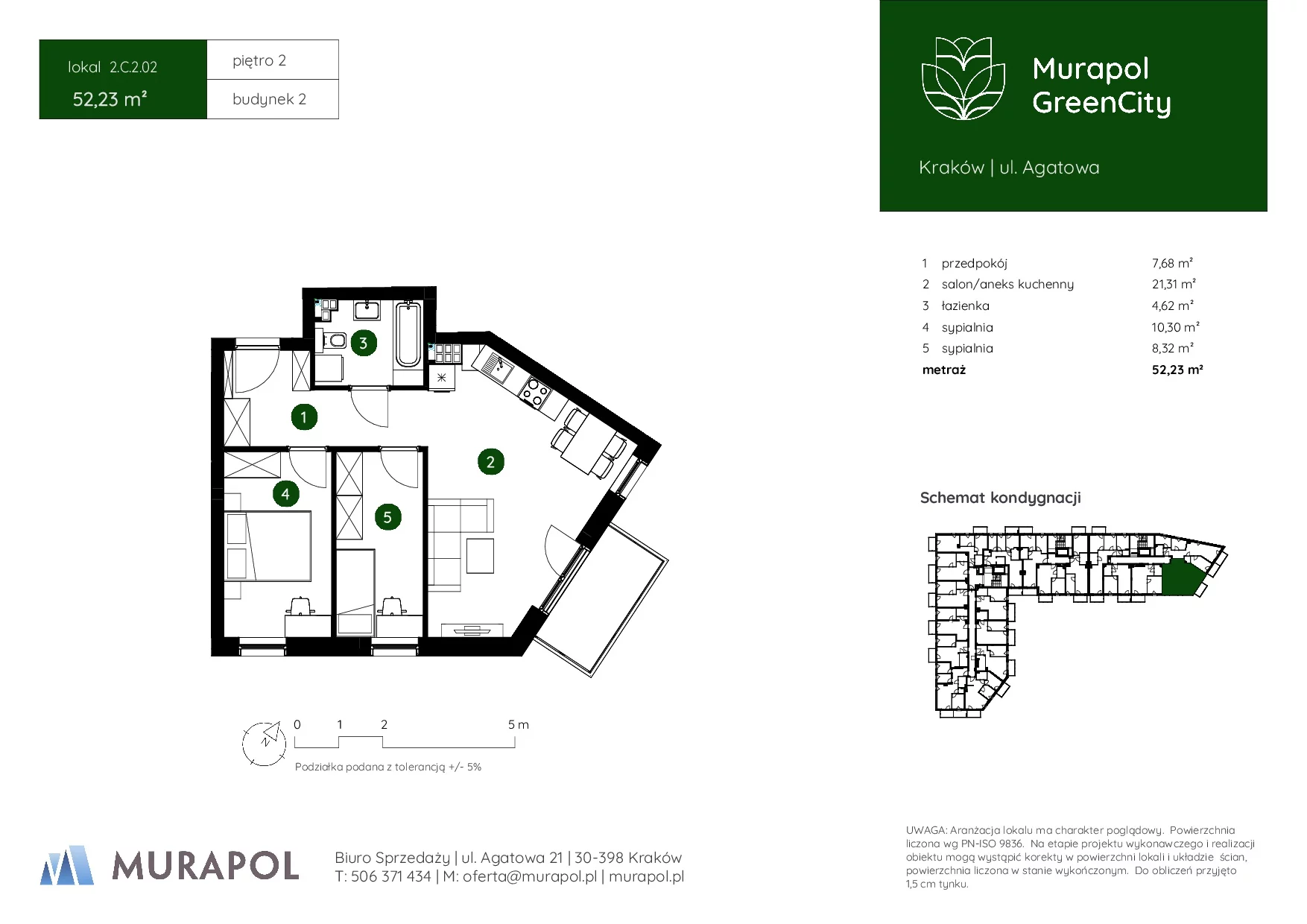 3 pokoje, mieszkanie 52,23 m², piętro 2, oferta nr 2.C.2.02, Murapol GreenCity, Kraków, Bieżanów-Prokocim, Osiedle Złocień, ul. Agatowa