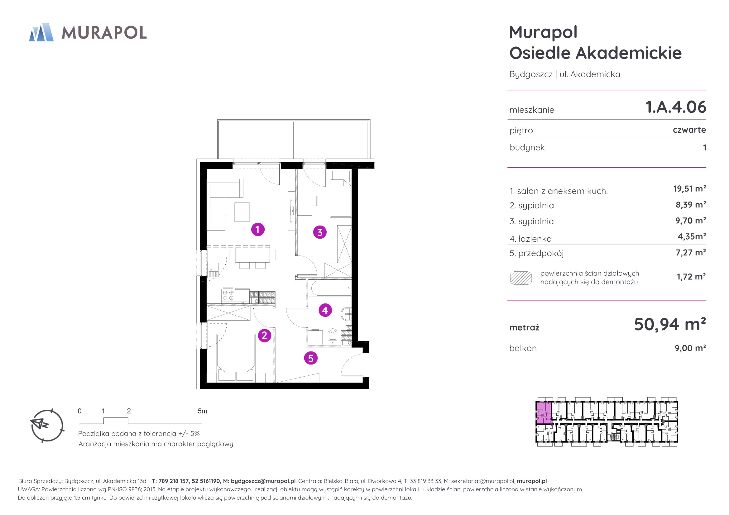 Mieszkanie 50,94 m², piętro 4, oferta nr 1.A.4.06, Murapol Osiedle Akademickie - Gotowe mieszkania, Bydgoszcz, Nowy Fordon, ul. Akademicka