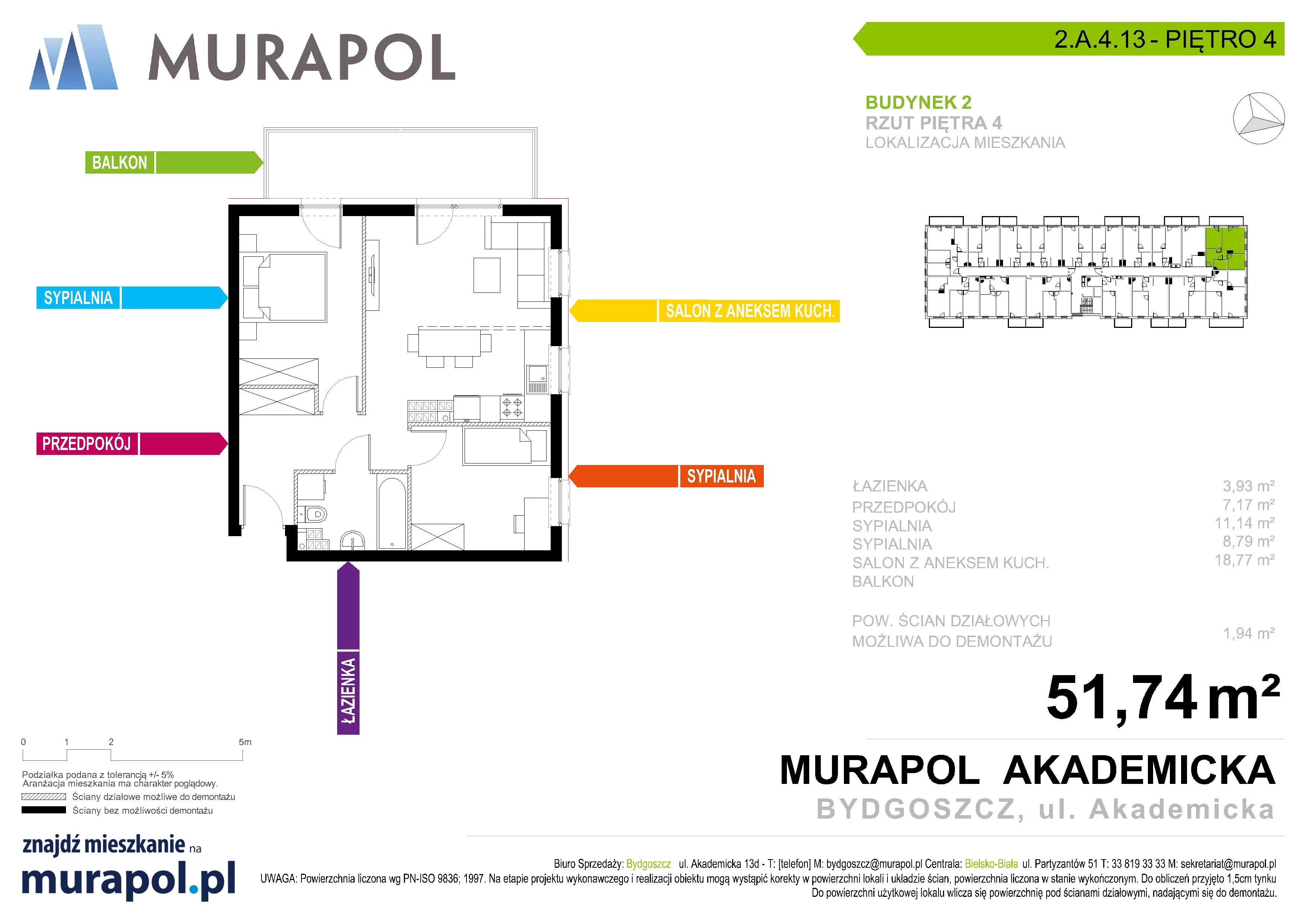 Mieszkanie 51,74 m², piętro 4, oferta nr 2.A.4.13, Murapol Osiedle Akademickie - Gotowe mieszkania, Bydgoszcz, Nowy Fordon, ul. Akademicka