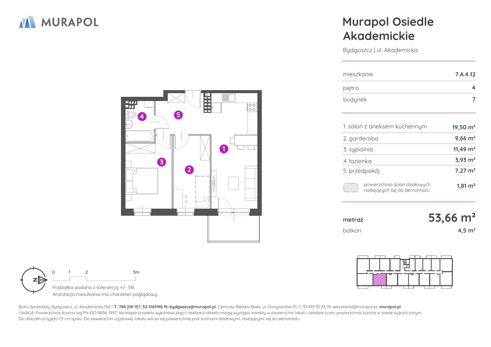 Mieszkanie 53,66 m², piętro 4, oferta nr 7.A.4.12, Murapol Osiedle Akademickie - Gotowe mieszkania, Bydgoszcz, Nowy Fordon, ul. Akademicka